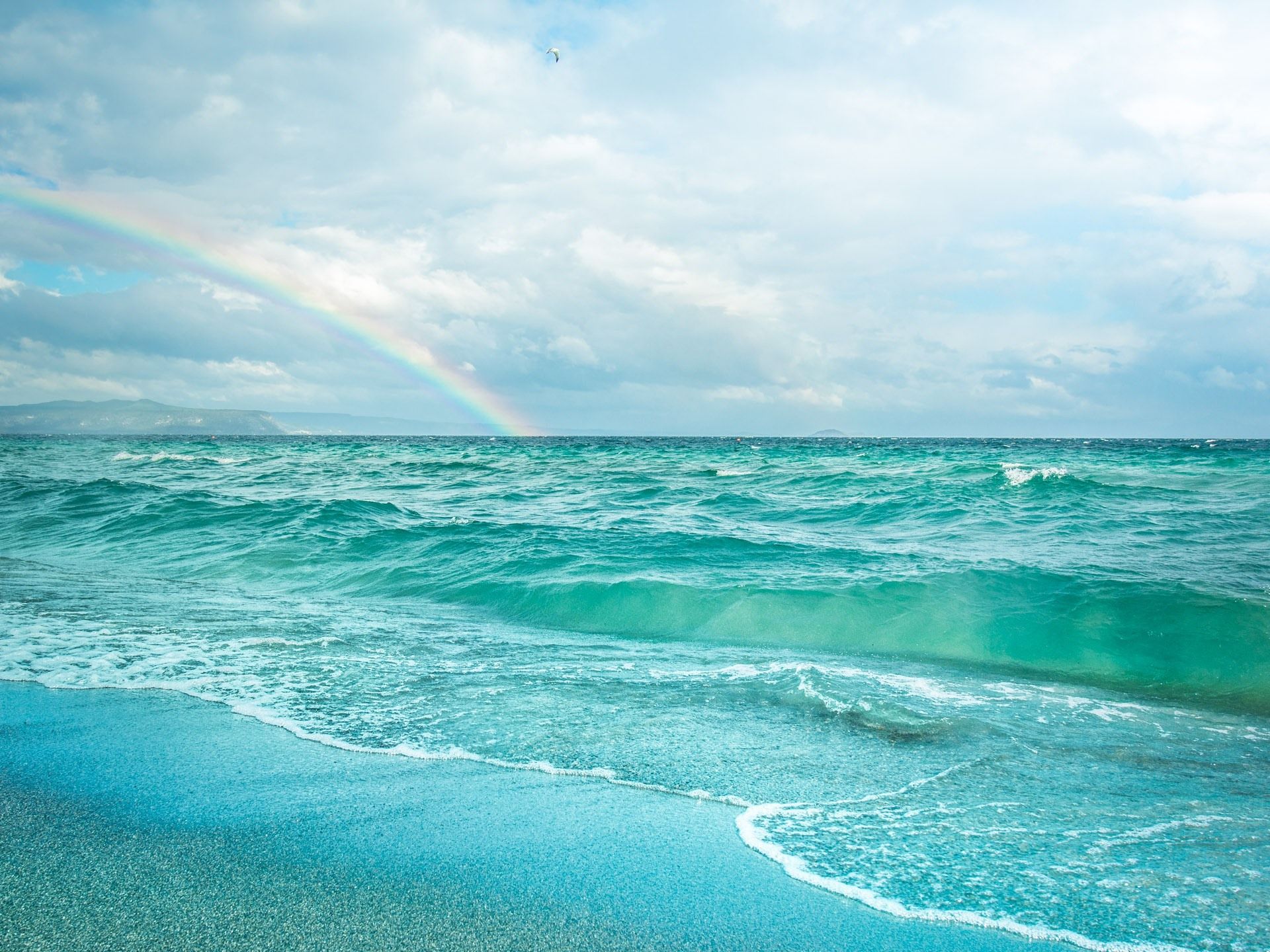Meer, Strand, Regenbogen, Türkises Wasser, Wellen, Full HD, Hintergrundbild fürs Tablet