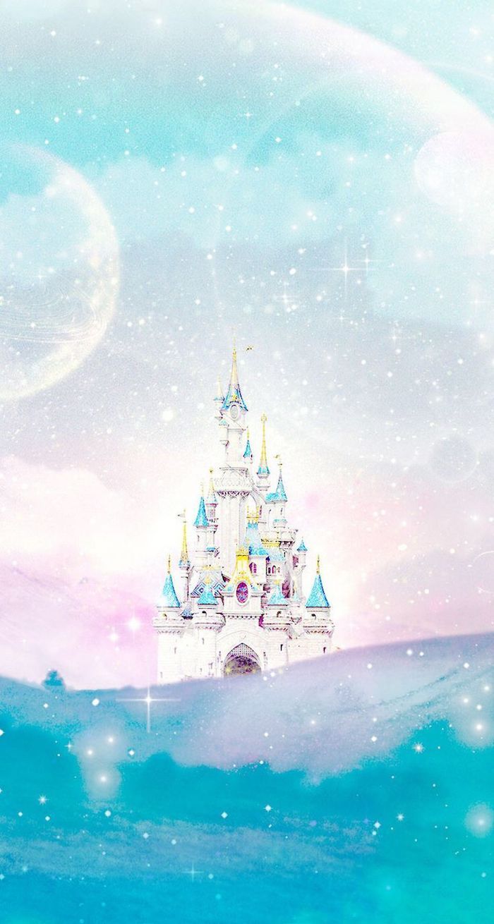 Disney-Schloss, Pastell, Wasser, Märchen, Hochformat, Hintergrundbild für iPhone und Android