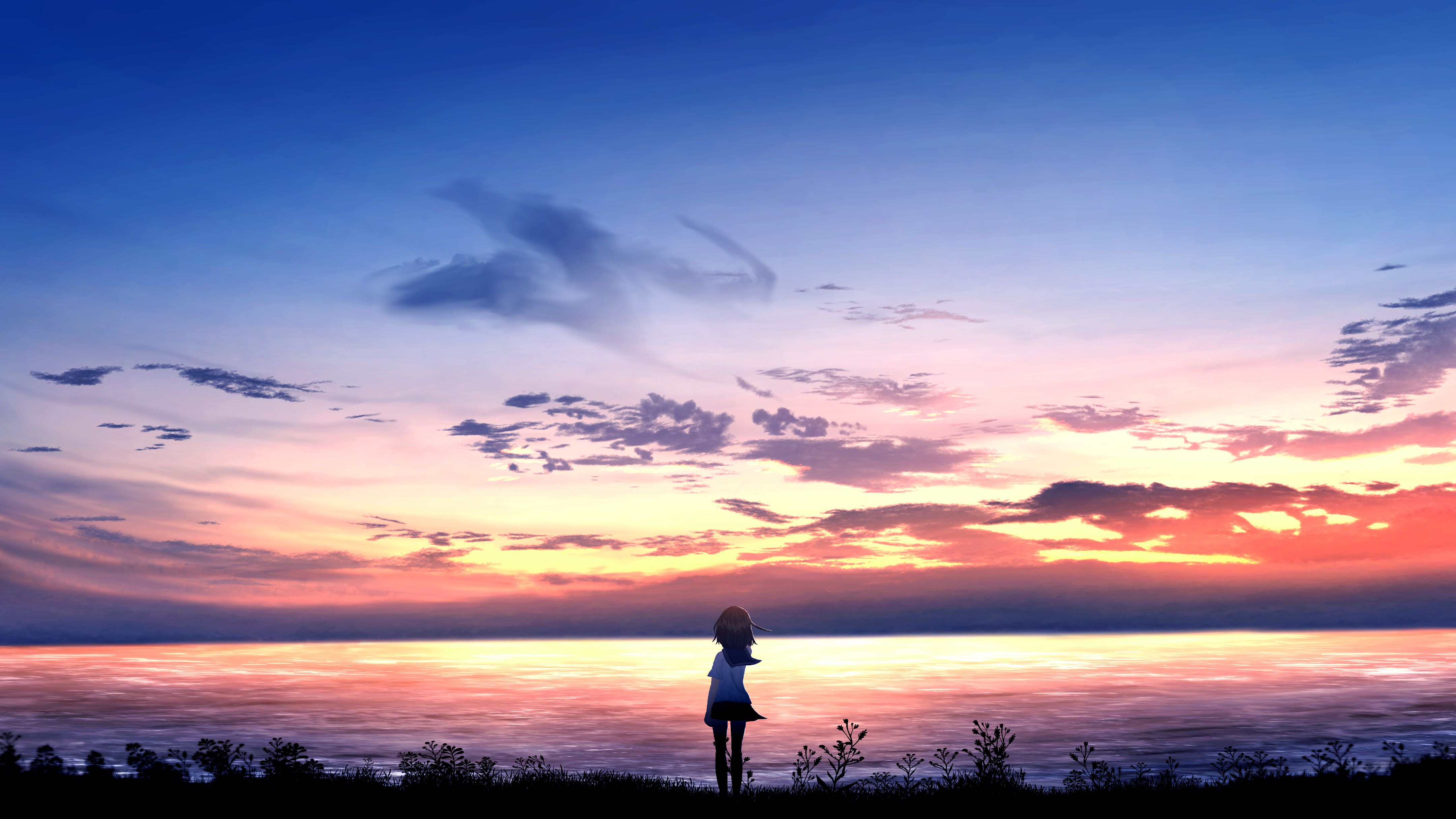 Sonnenuntergang, Mädchen, Meer, Wolken, Anime-Stil, 4K, Hintergrund für den Desktop