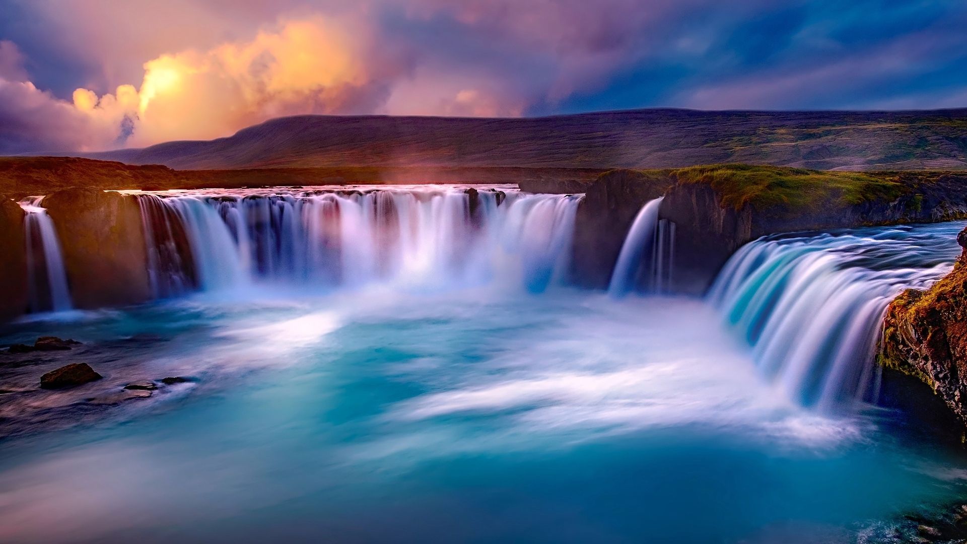Goðafoss, Island, Wasserfall, Langzeitbelichtung, Abendhimmel, Full HD, Windows-Hintergrundbild