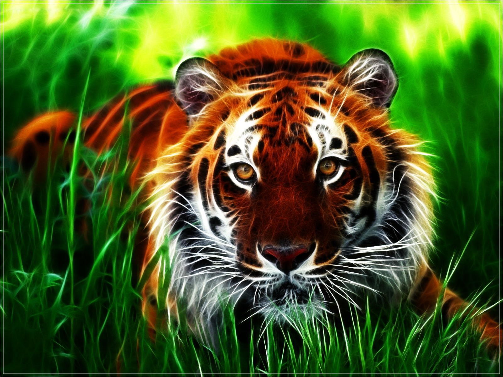 Tiger, Gras, Raubkatze, Digitale Kunst, Grün, HD, Hintergrundbild fürs Tablet
