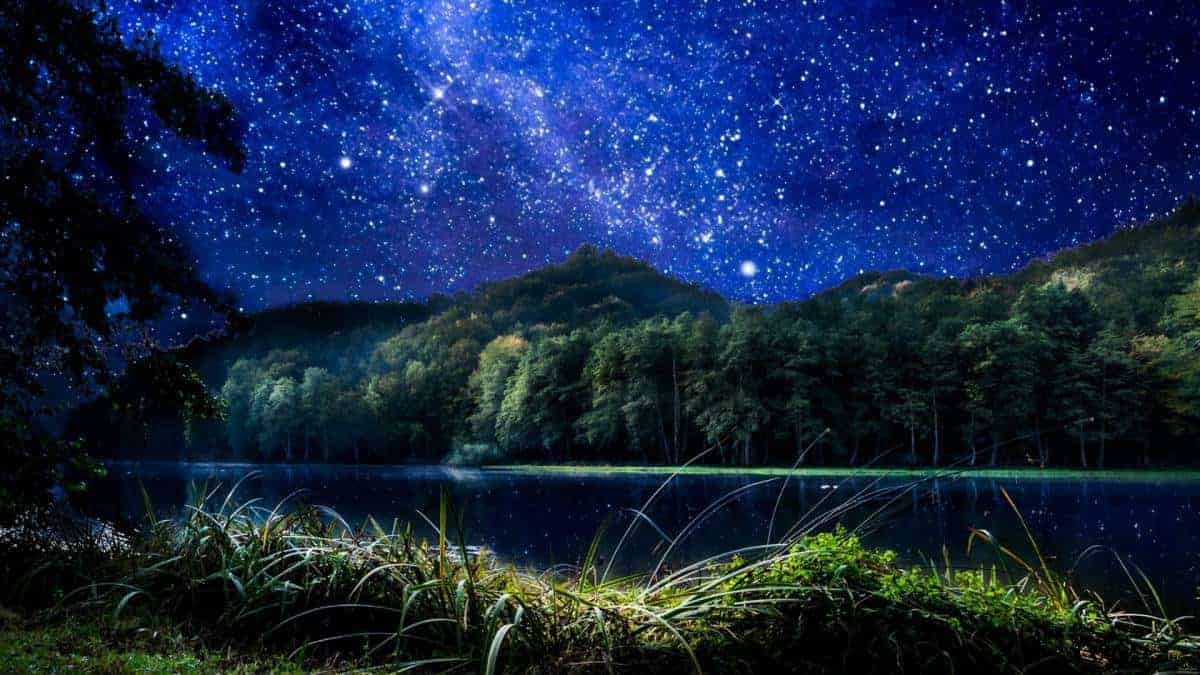 Sternenhimmel, Milchstraße, Bergsee, Nacht, Wald, Hintergrundbild