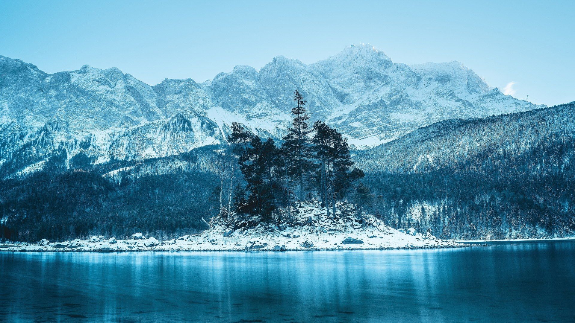 Eibsee, Zugspitze, Wettersteingebirge, Bayern, Winter, Bergsee, Full HD, Breitbild-Hintergrundbild