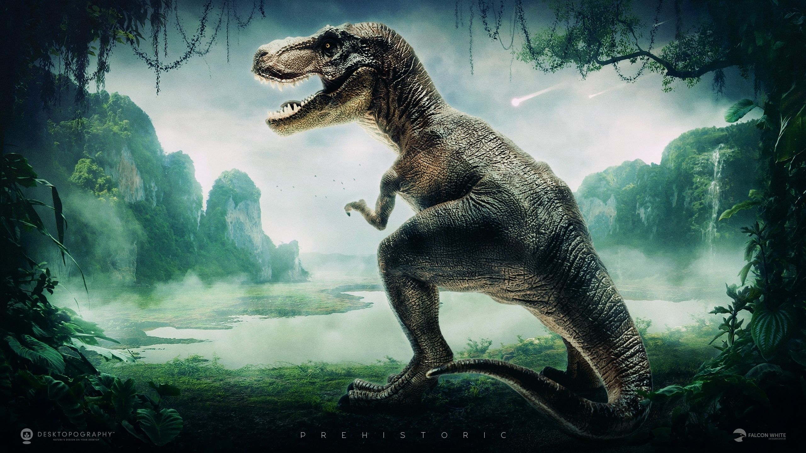 Tyrannosaurus rex, Urzeit, Dschungel, Nebel, Wasserfall, Digitale Kunst, 2560x1440, Desktop-Hintergrund