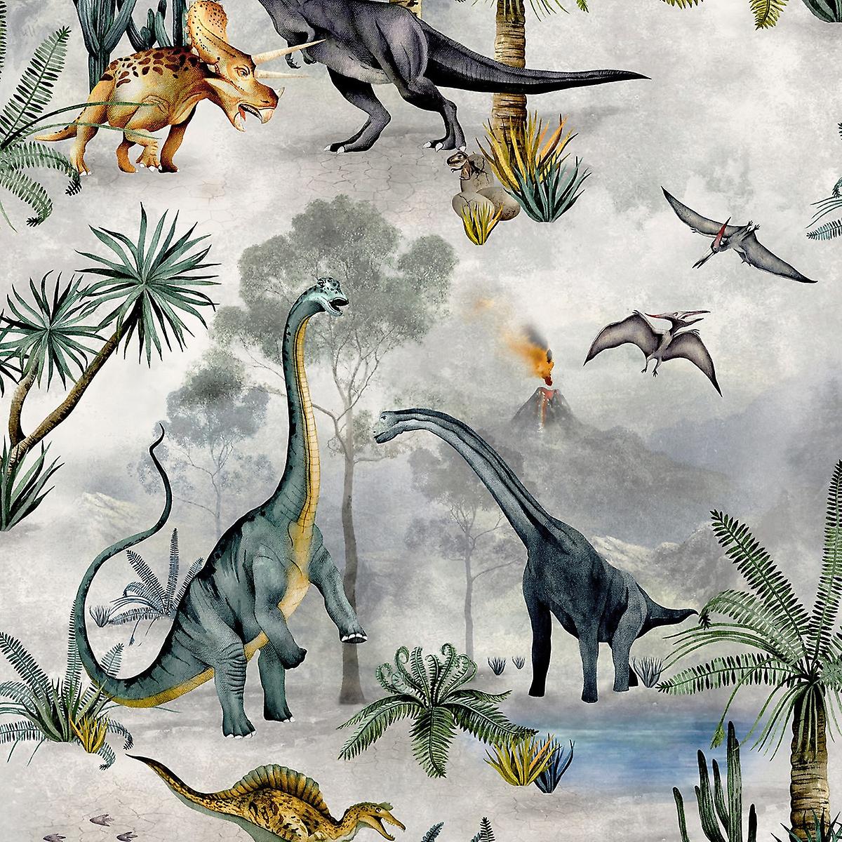 Brachiosaurus, Pterosaurier, Vulkan, Urzeit, Palmen, Aquarell, Hintergrundbild fürs iPad