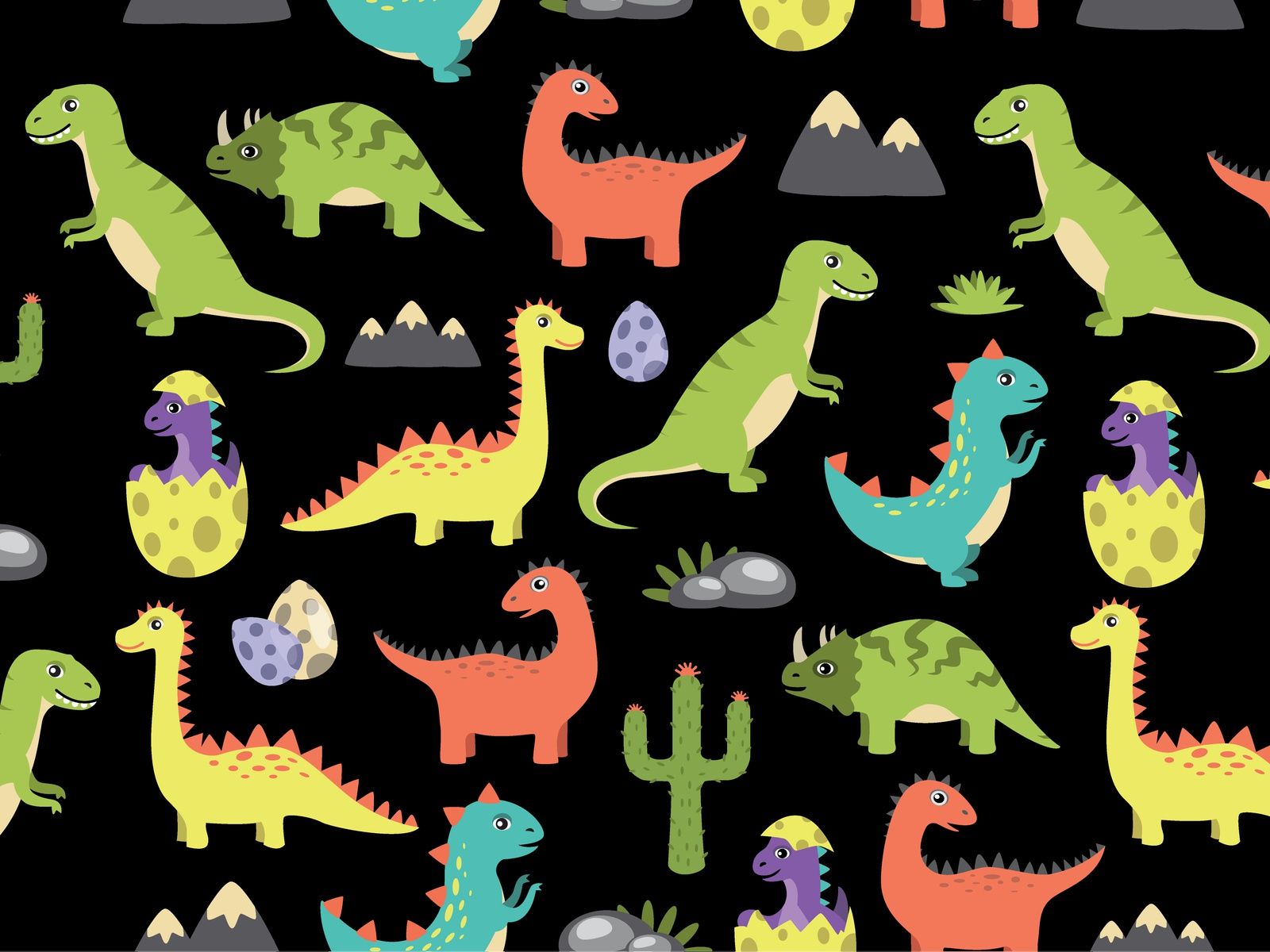 Dinosaurier, Muster, Dino-Eier, Kaktus, Schwarzer Hintergrund, Bunt, HD Wallpaper