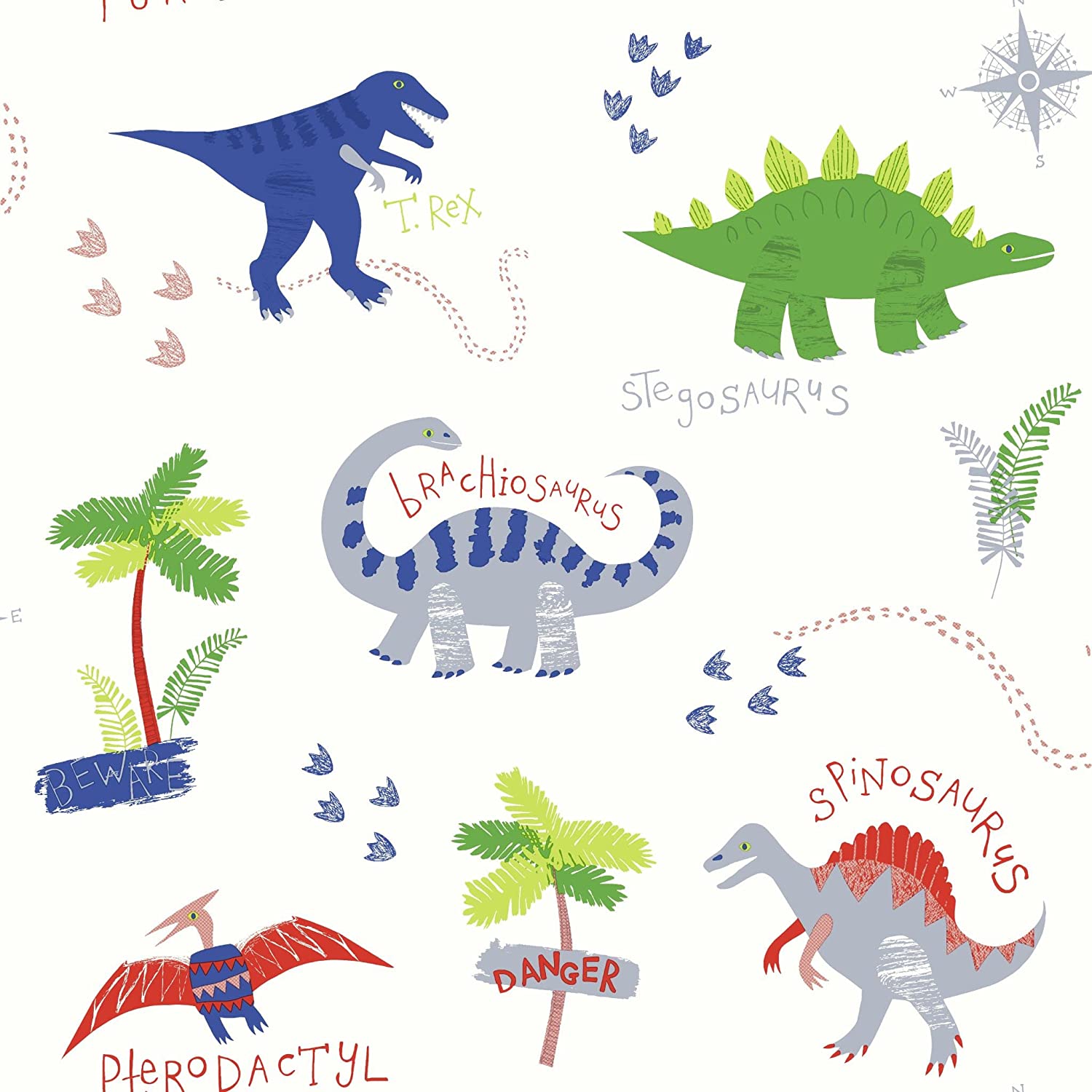 Stegosaurus, Spinosaurus, Pterodaktylus, Kinderillustration, Palmen, Kritzelei, Tablet-Hintergrund