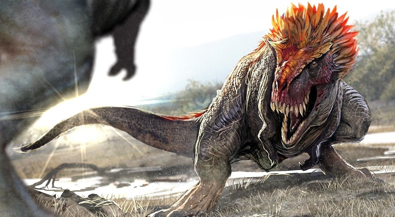 Dinosaurier, Raubsaurier, Federkamm, Urzeit, 3D-Render, Gegenlicht, HD, Windows-Hintergrundbild