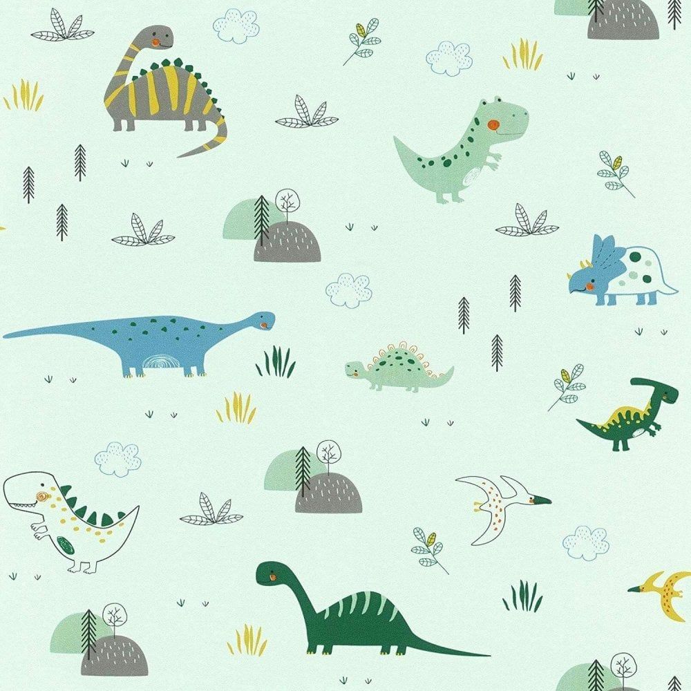 Dinosaurier, Cartoon, Kindermuster, Mintgrün, Pastell, Hintergrundbild für iPad und Tablet