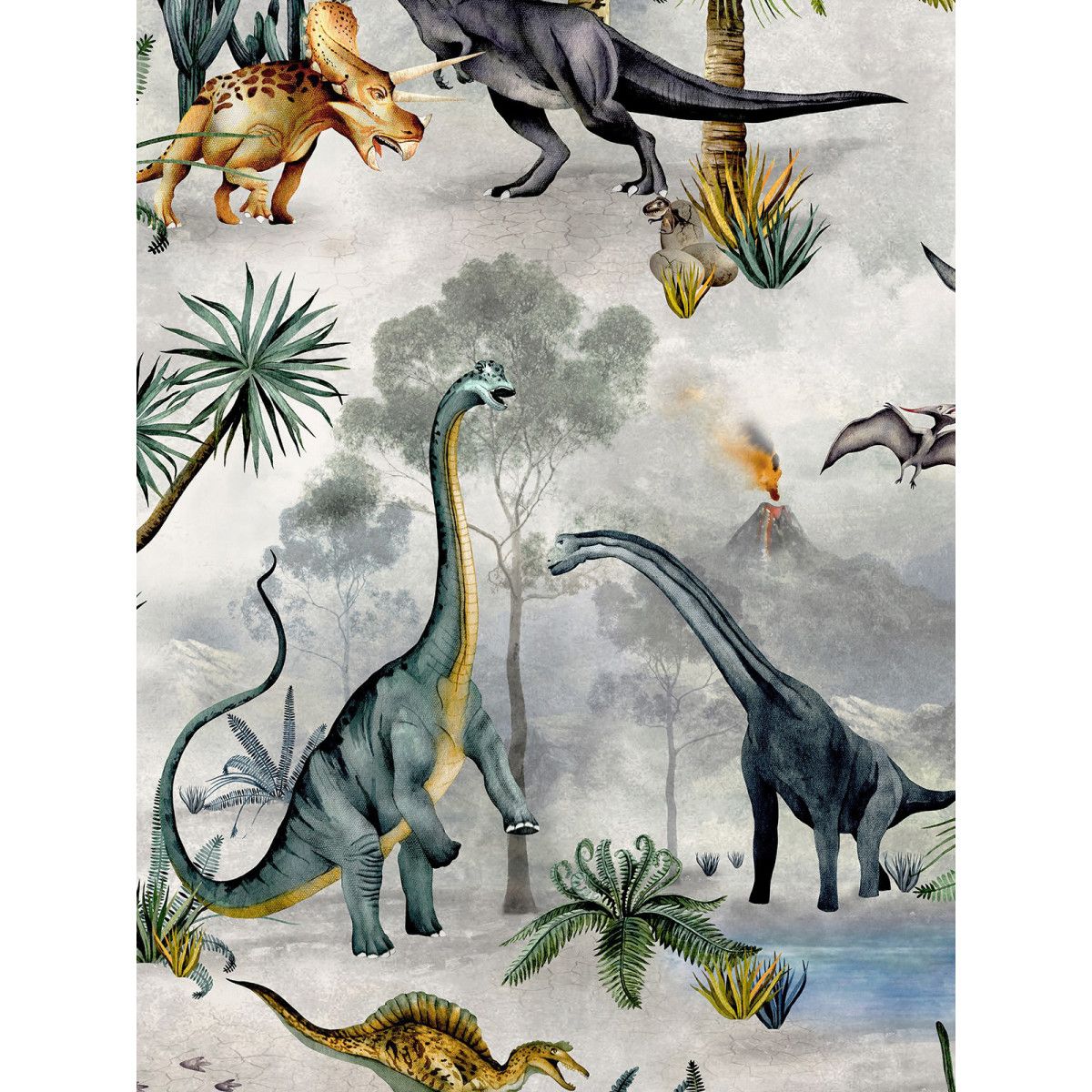 Brachiosaurus, Pterosaurier, Vulkan, Urzeit, Aquarell, Palmen, Hintergrundbild fürs Tablet