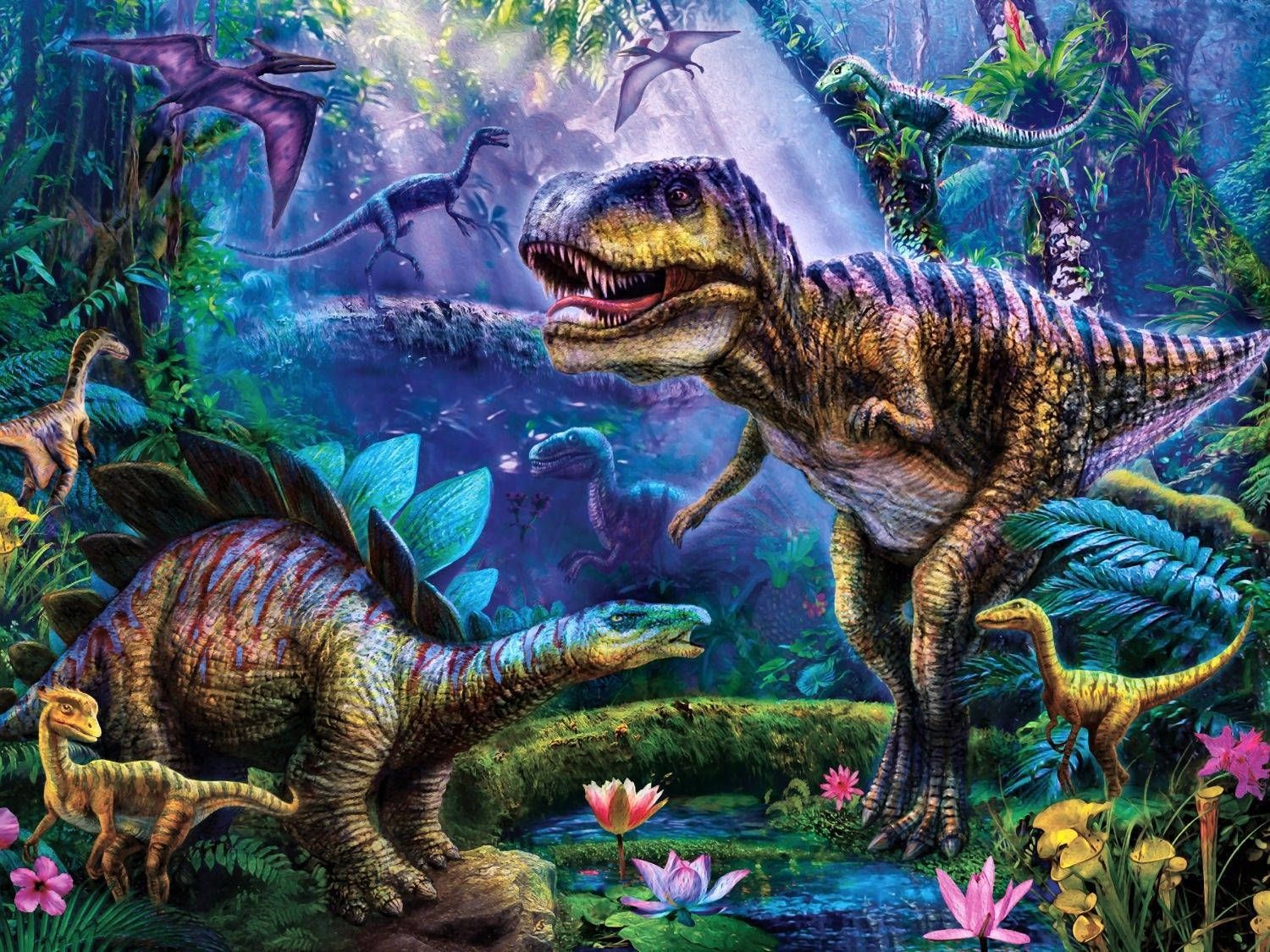 Tyrannosaurus rex, Triceratops, Dschungel, Urzeit, Bunte Illustration, Vögel, Tablet-Hintergrund