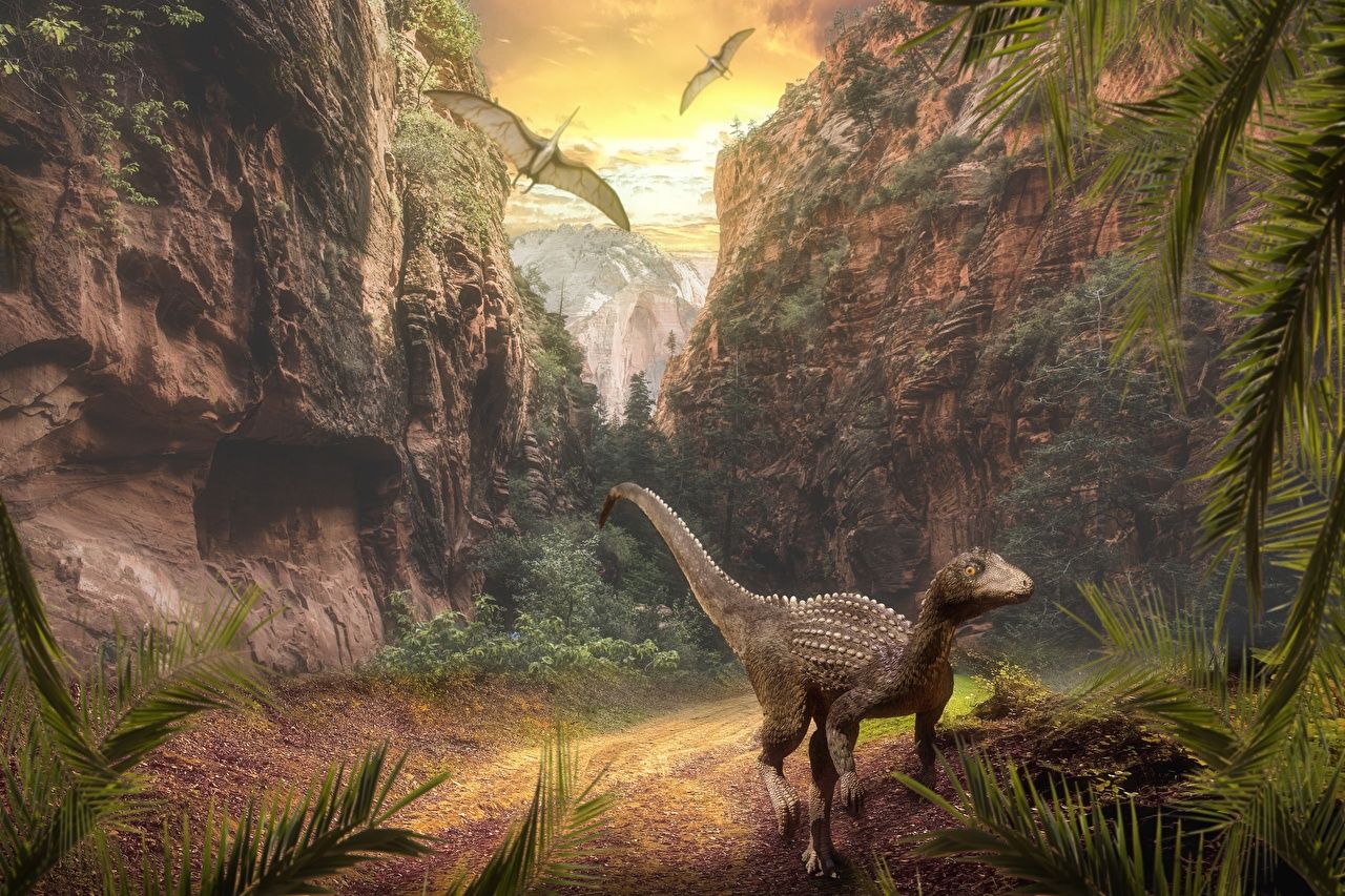 Dinosaurier, Pterosaurier, Schlucht, Urzeit, Sonnenaufgang, Felsen, HD-Hintergrundbild für PC