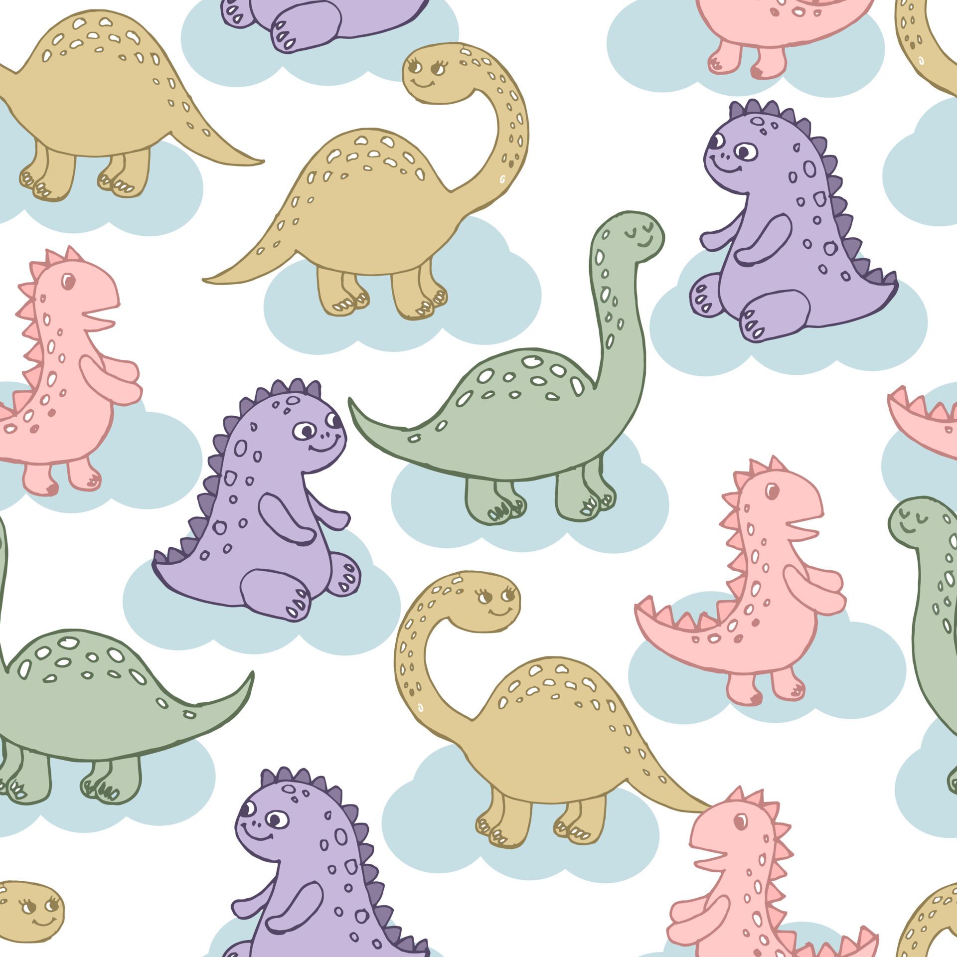 Dinosaurier, Kawaii, Muster, Pastellfarben, Wolken, Hintergrundbild für iPad und Tablet