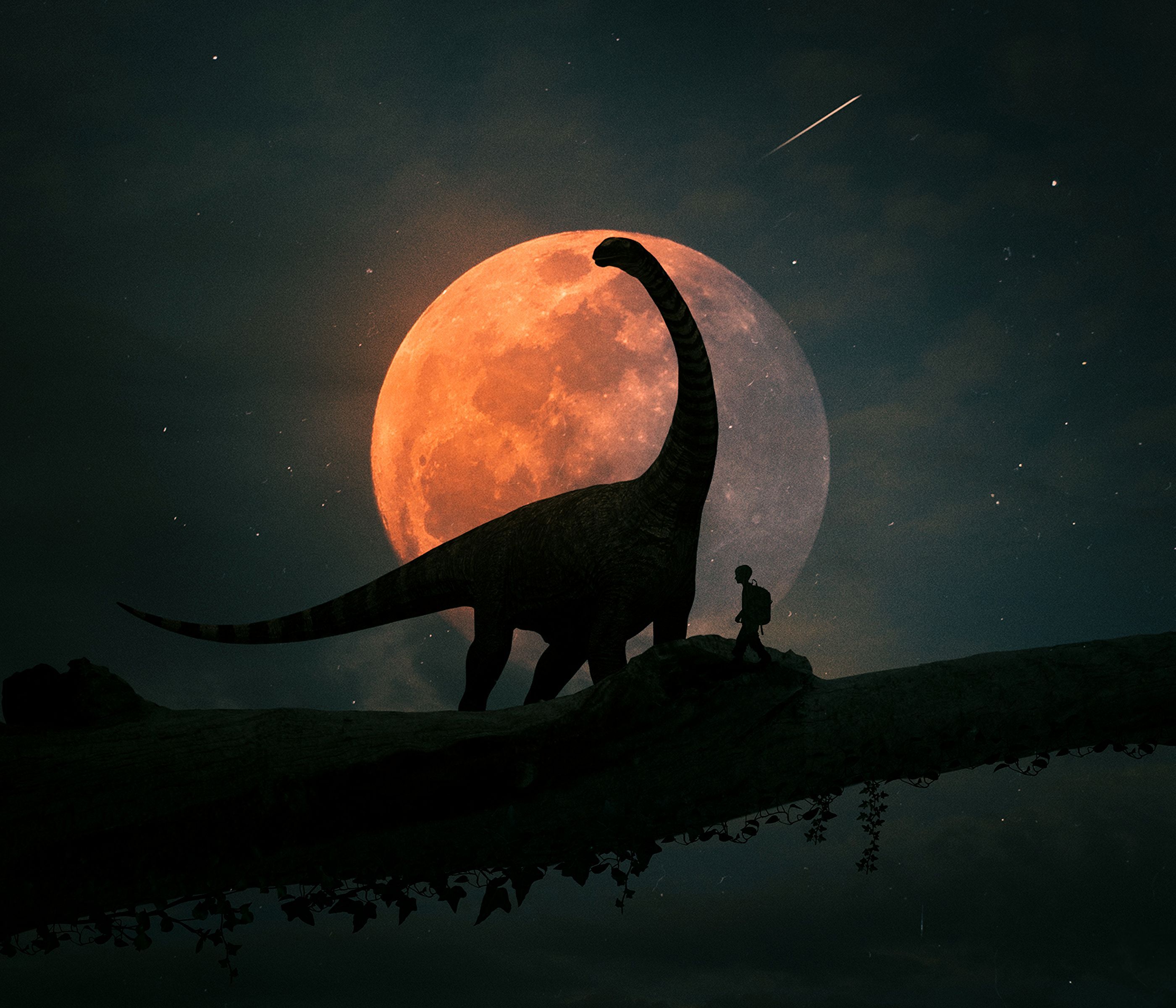 Brachiosaurus, Silhouette, Roter Mond, Nacht, Fantasy, 2K, Hintergrundbild für den PC