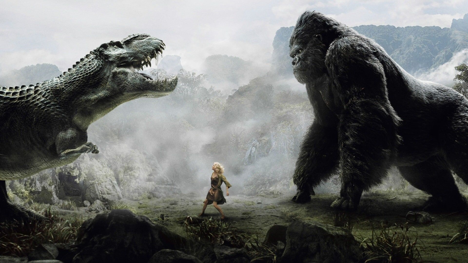 King Kong, V-Rex, Ann Darrow, Kampf, Nebel, Film, Full HD, Desktop-Hintergrund für Windows
