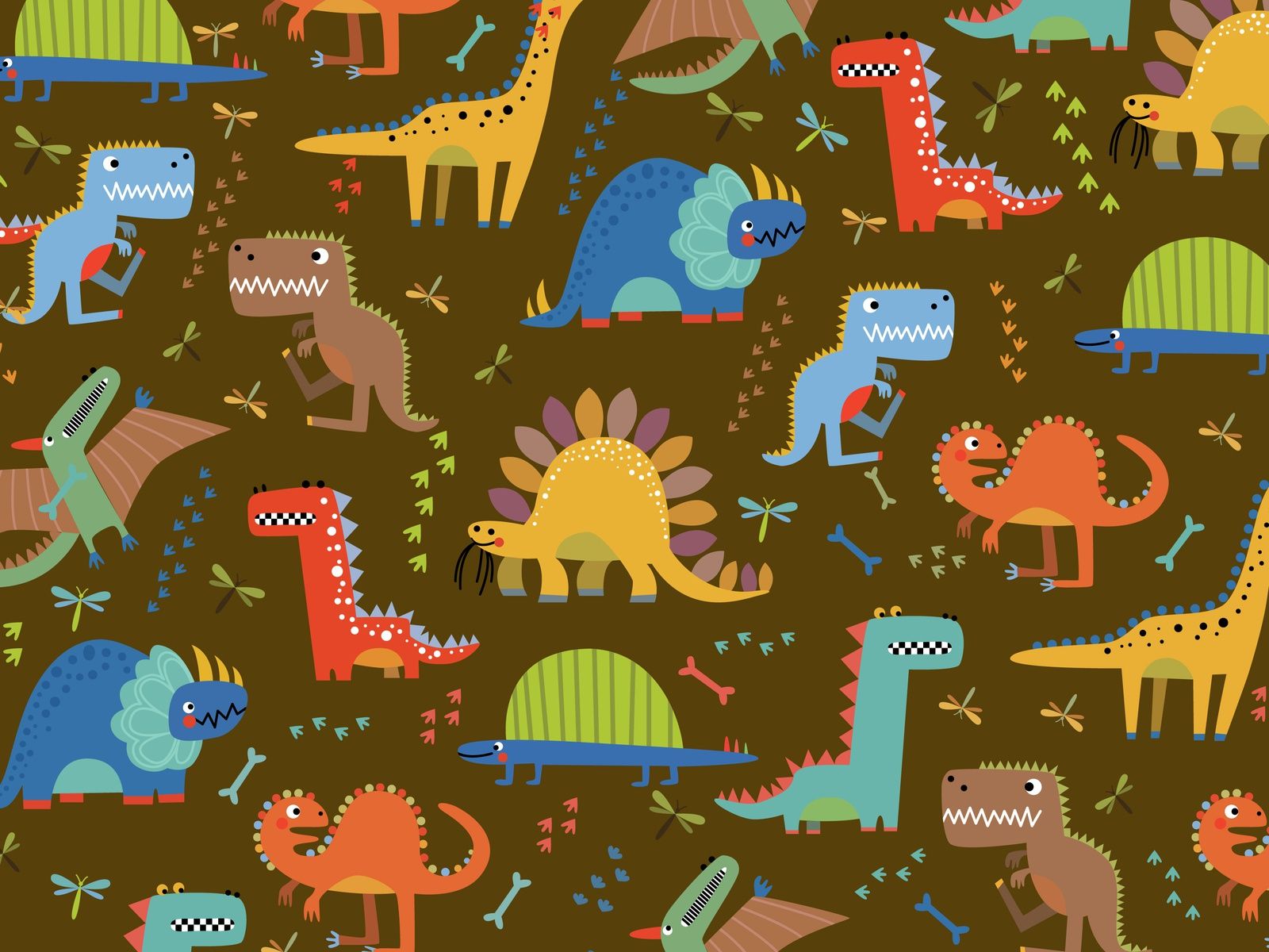 Dinosaurier, Bunt, Kindermuster, Brauner Hintergrund, Cartoon, HD Wallpaper