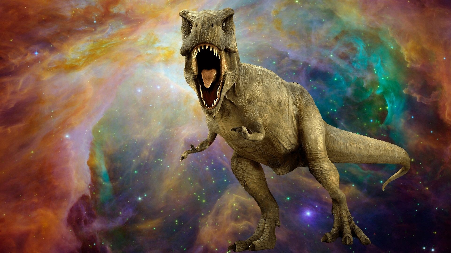 Tyrannosaurus rex, Weltraum, Nebel, Bunter Kosmos, Brüllen, Full HD, Windows-Hintergrundbild