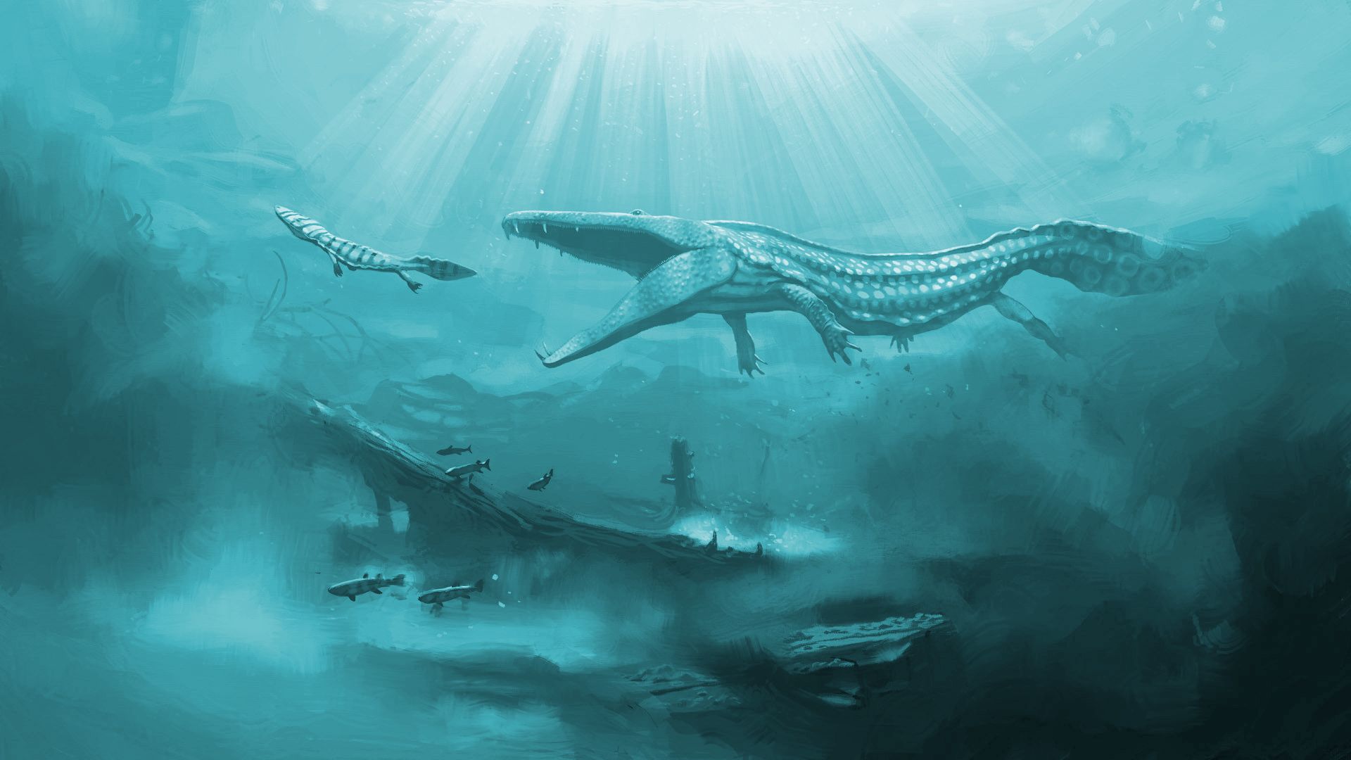 Mosasaurus, Plesiosaurier, Unterwasser, Urzeitmeer, Sonnenstrahlen, Digitale Kunst, Full-HD-Hintergrund