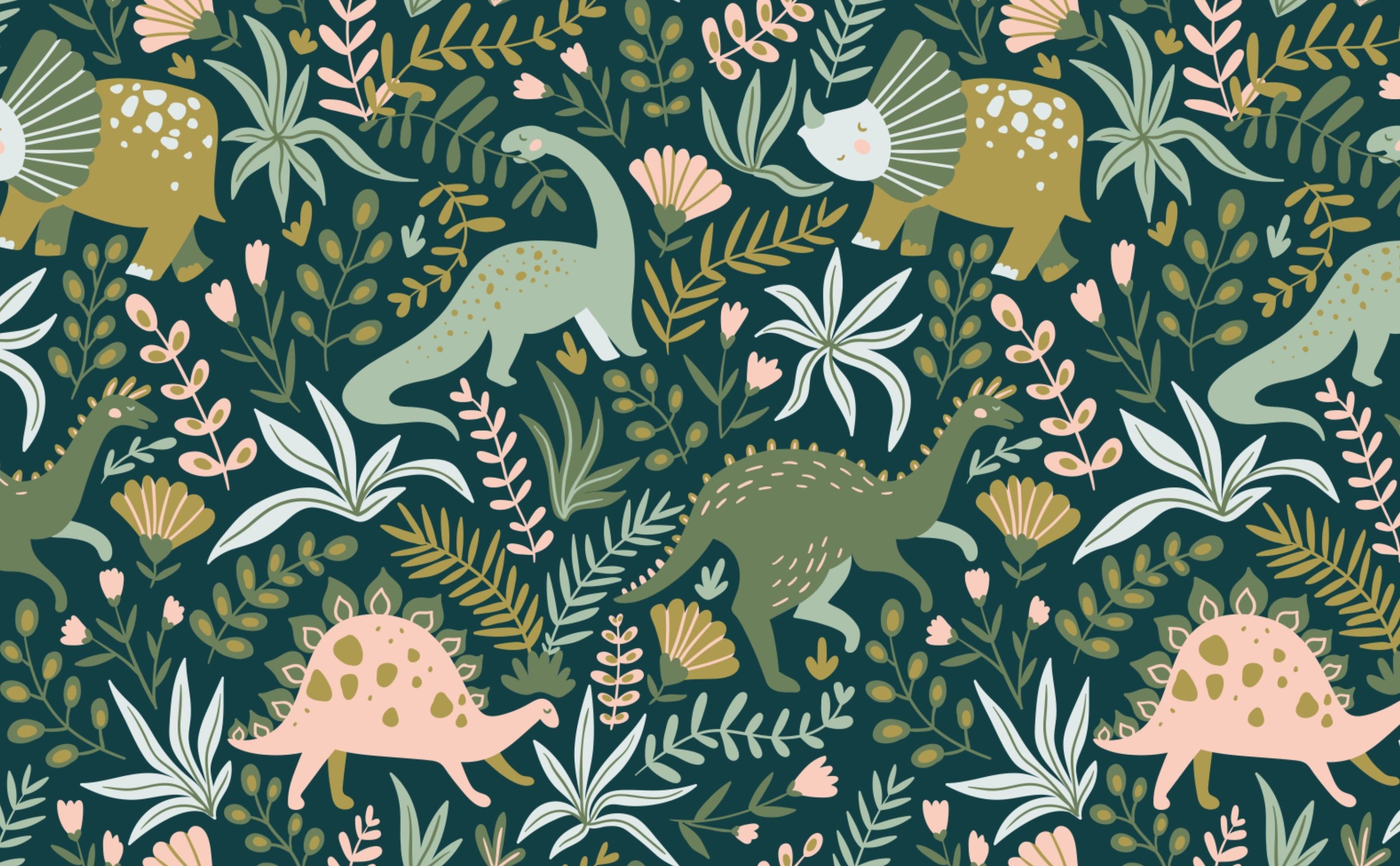 Stegosaurus, Brachiosaurus, Blätter, Dschungelmuster, Dunkelgrün, Blumen, 2K, PC-Hintergrundbild