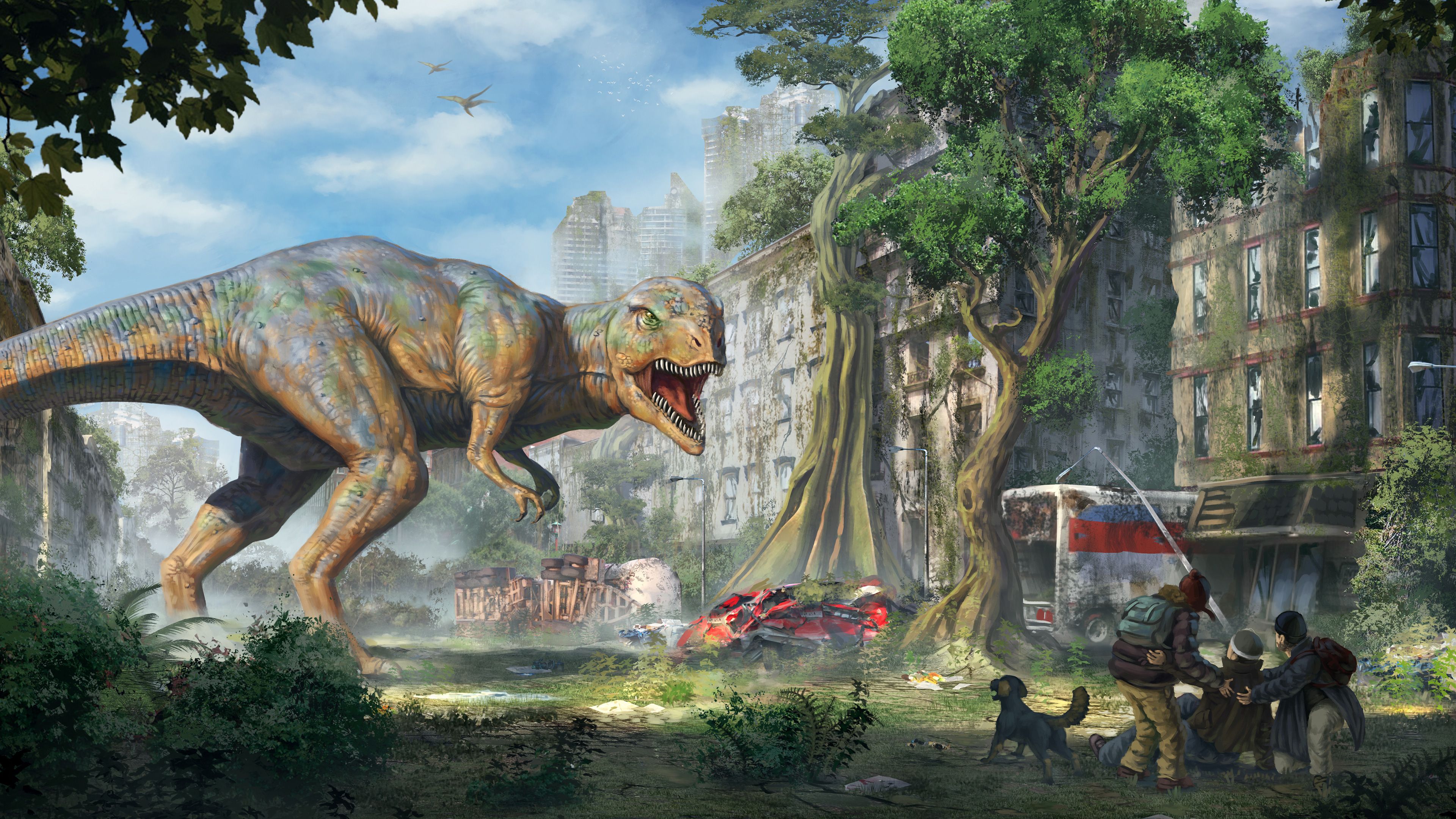 T-Rex, Ruinenstadt, Postapokalypse, Dschungel, Digitale Kunst, Überlebende, 4K, Breitbild-Hintergrundbild