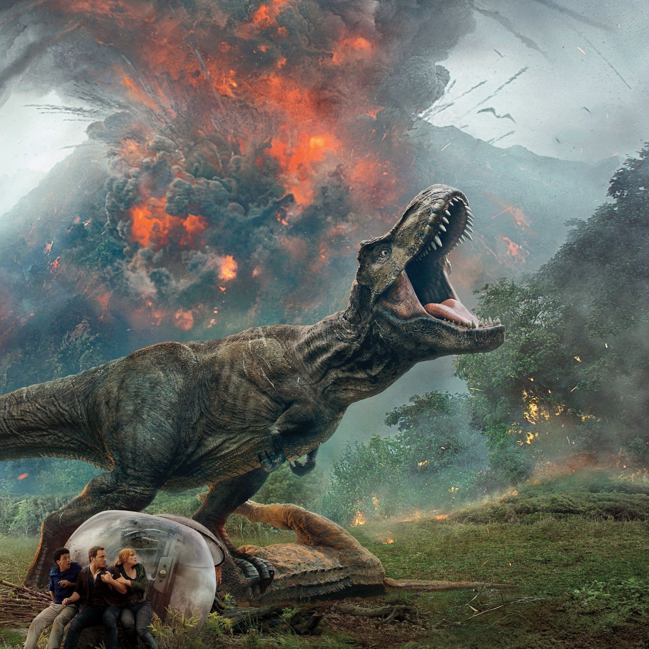 Jurassic World: Das gefallene Königreich, T-Rex, Vulkanausbruch, Rauch, Film, Full-HD-Tablet-Hintergrundbild