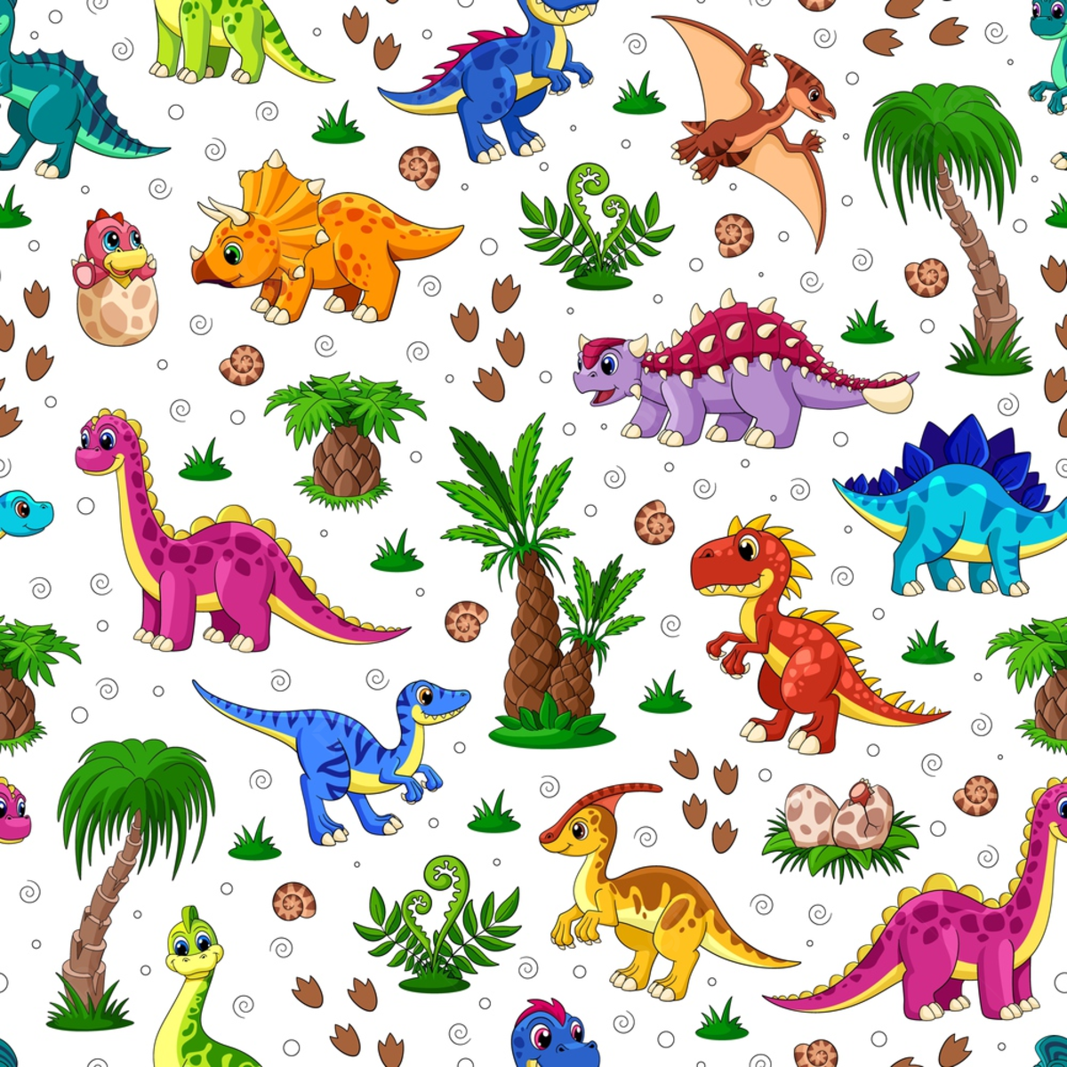 Dinosaurier, Bunt, Cartoon, Palmen, Dino-Eier, Muster, Hintergrundbild für iPad und Tablet