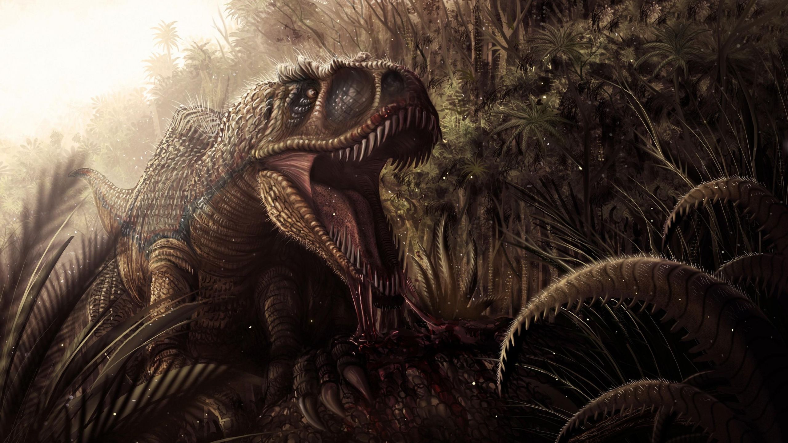 Tyrannosaurus rex, Urwald, Farne, Düster, Digitale Kunst, 2K, Desktop-Hintergrund