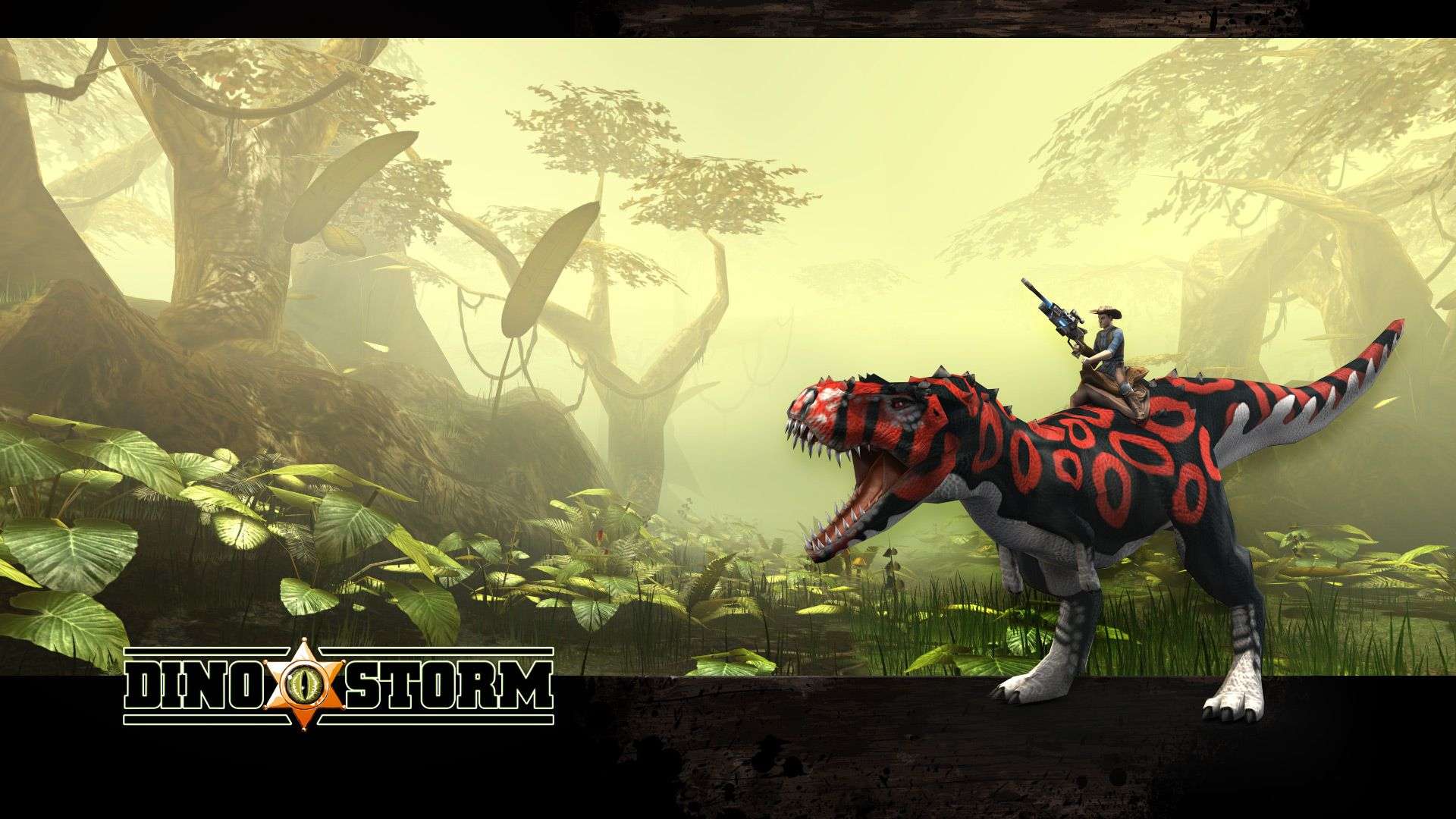 Dino Storm, Cowboy, Raptor, Dschungel, Videospiel, 16:9, Full-HD-Hintergrundbild für den Desktop