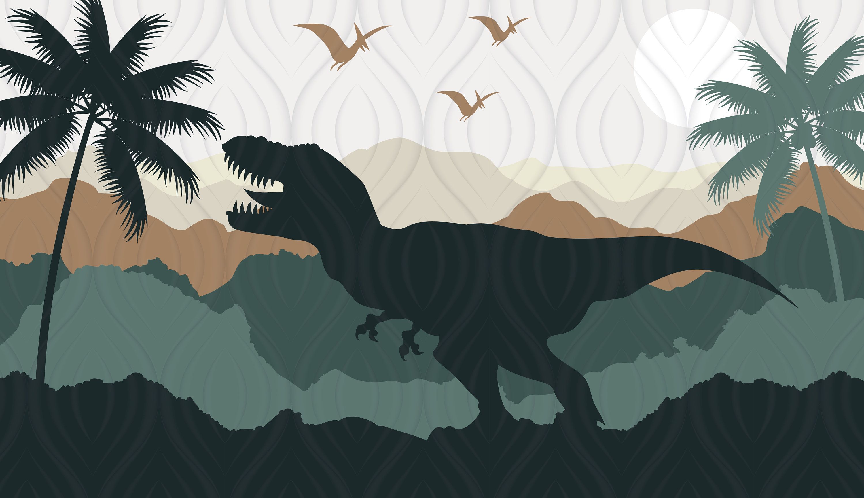 T-Rex, Silhouette, Pterosaurier, Palmen, Minimalistisch, Grüntöne, 2K, Laptop-Hintergrundbild