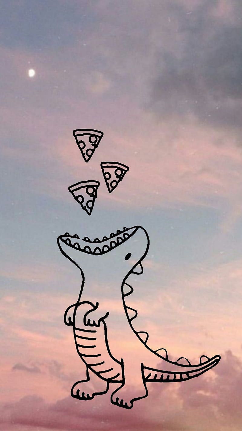 T-Rex, Pizza, Strichzeichnung, Abendhimmel, Lustig, HD, Hintergrundbild fürs Handy