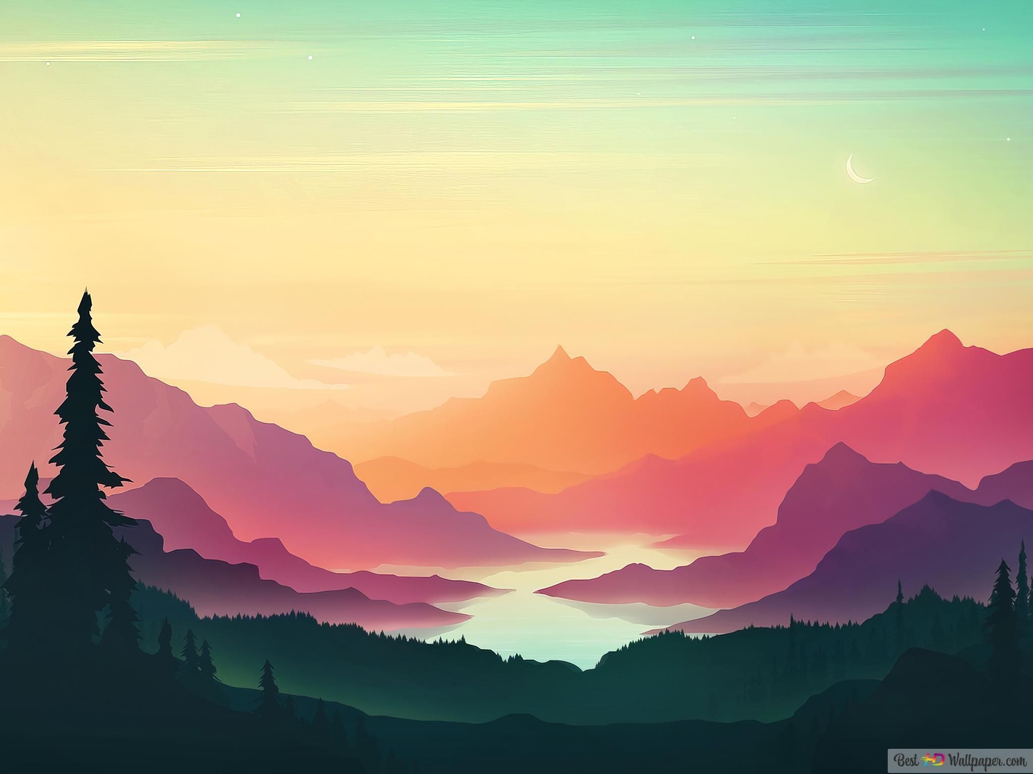 Illustration, Bergsilhouetten, Farbverlauf, Sonnenuntergang, Flat Design, Full HD, iPad-Hintergrundbild