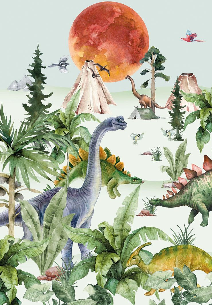 Brachiosaurus, Stegosaurus, Vulkan, Roter Mond, Aquarell, Dschungel, Hintergrundbild fürs Tablet