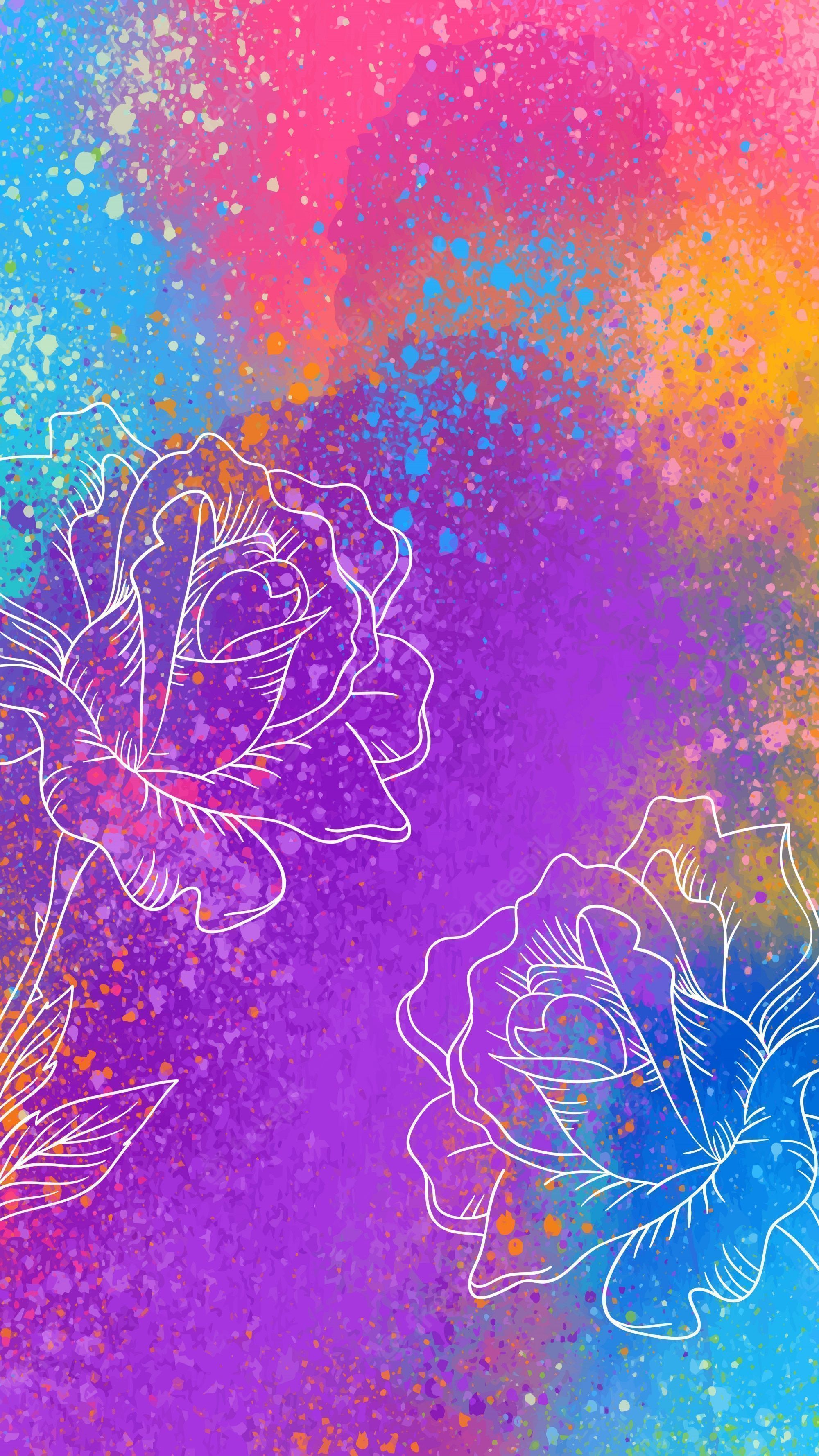 Blumen, Line Art, Aquarell, Pink, Lila, Bunt, QHD+, Hintergrundbild fürs Handy
