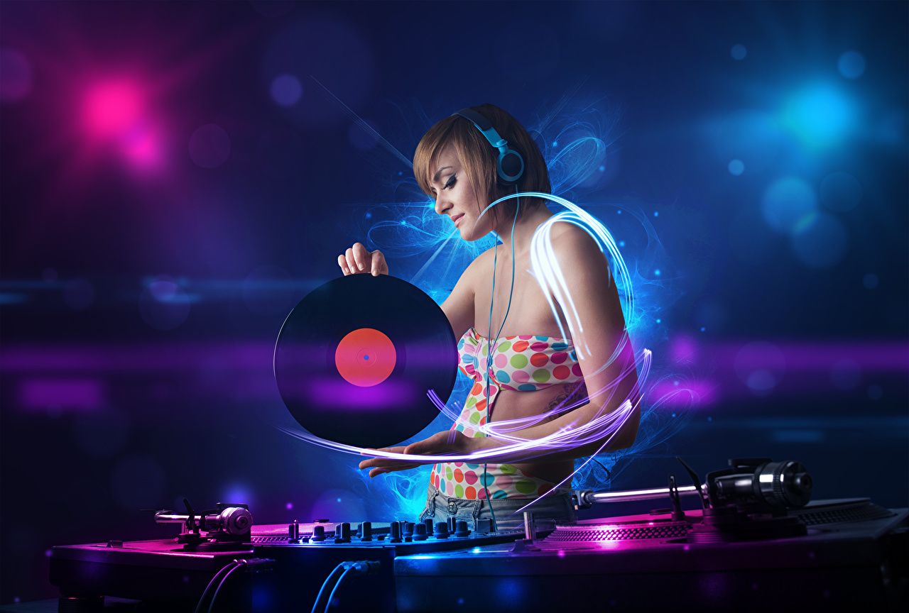 DJane, Schallplatte, Kopfhörer, Lichteffekte, Party, HD, Hintergrundbild für den PC