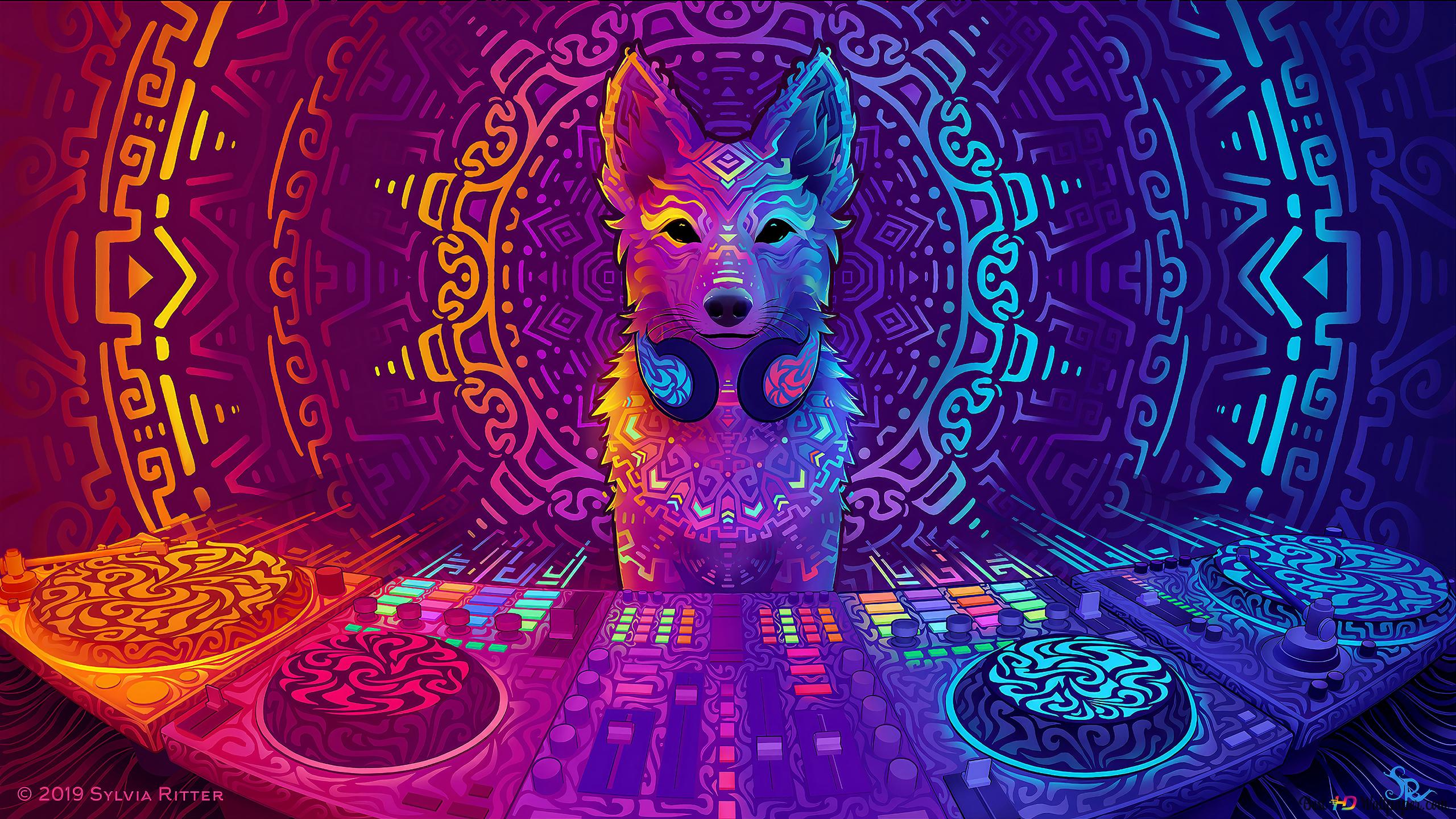 Wolf, Kopfhörer, Psychedelische Kunst, Mandala, Neonfarben, DJ-Pult, 2K, Laptop-Hintergrundbild
