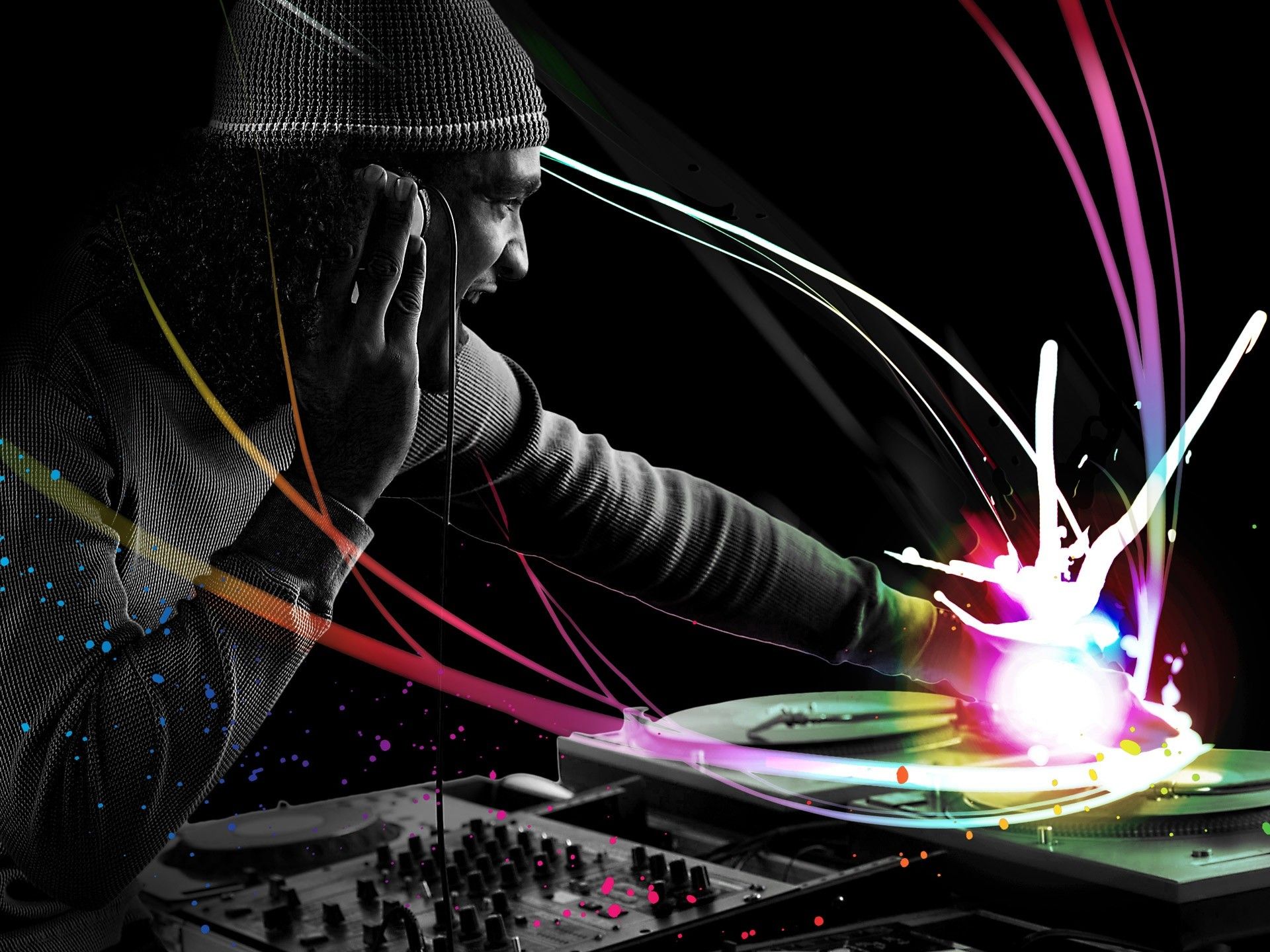 DJ, Mütze, Lichtstreifen, Schwarzweiß, Digitale Kunst, Full HD, iPad-Hintergrundbild