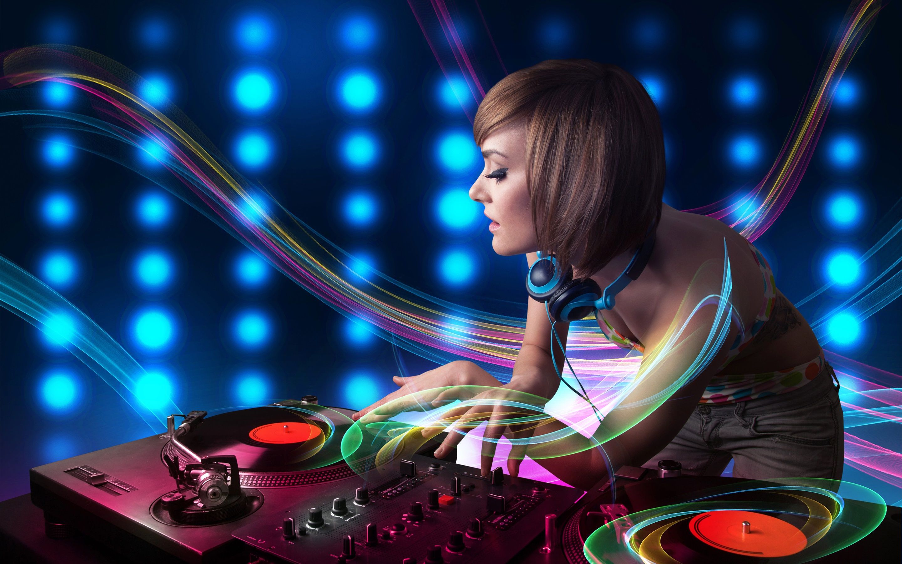 DJane, Plattenspieler, Lichtwellen, Blaue Lichter, Digitale Kunst, 2K, Desktop-Hintergrund