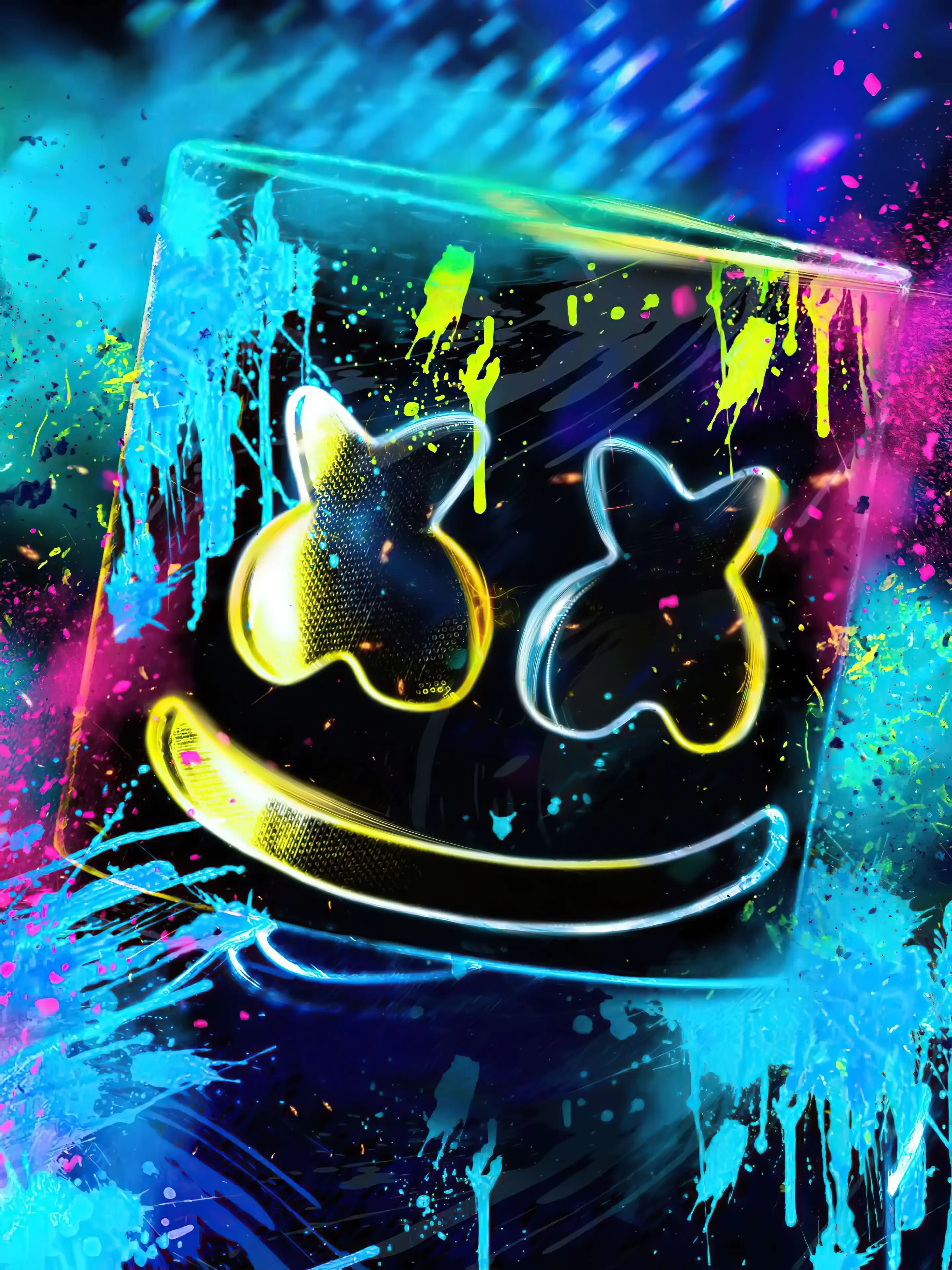 Marshmello, Helm, Neon-Farbspritzer, Graffiti, Bunt, QHD+, Hintergrundbild fürs Tablet