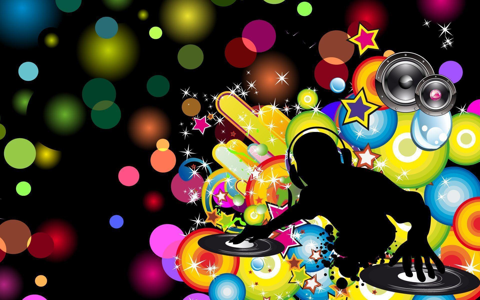 DJ-Silhouette, Lautsprecher, Bunte Kreise, Retro, Vektorgrafik, Full HD, Laptop-Hintergrundbild