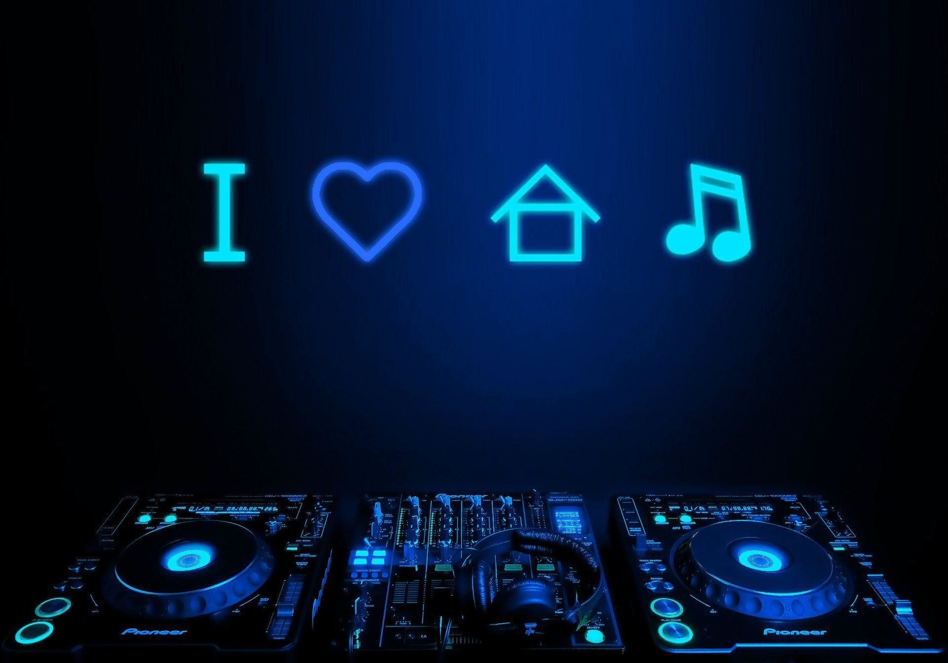 I Love House Music, Neonschrift, CDJ-Player, Blau, Musiknote, Full HD, PC-Hintergrundbild