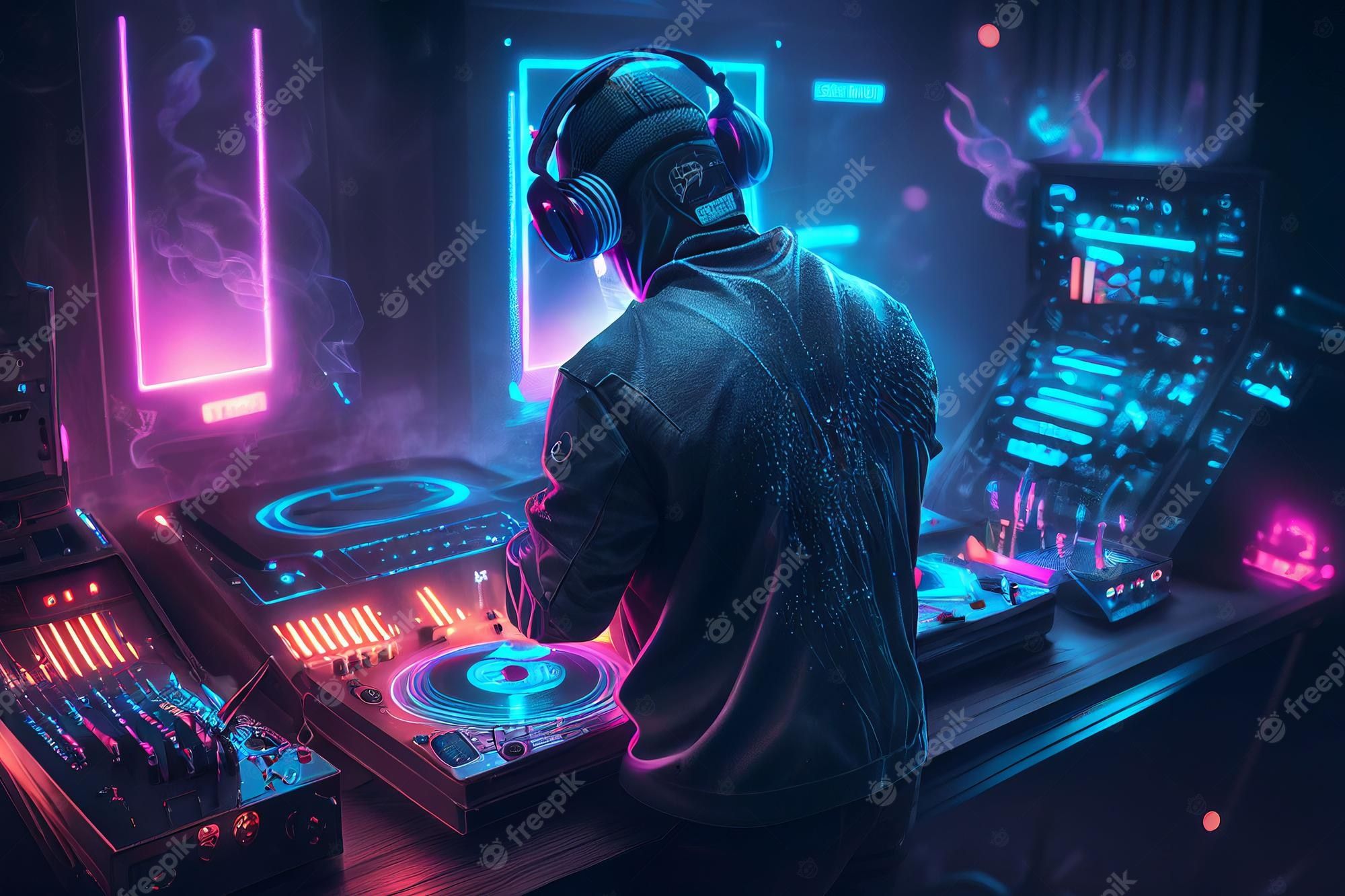 DJ, Kopfhörer, Neon, Cyberpunk, Digitale Kunst, Full HD, Desktop-Hintergrund für Windows