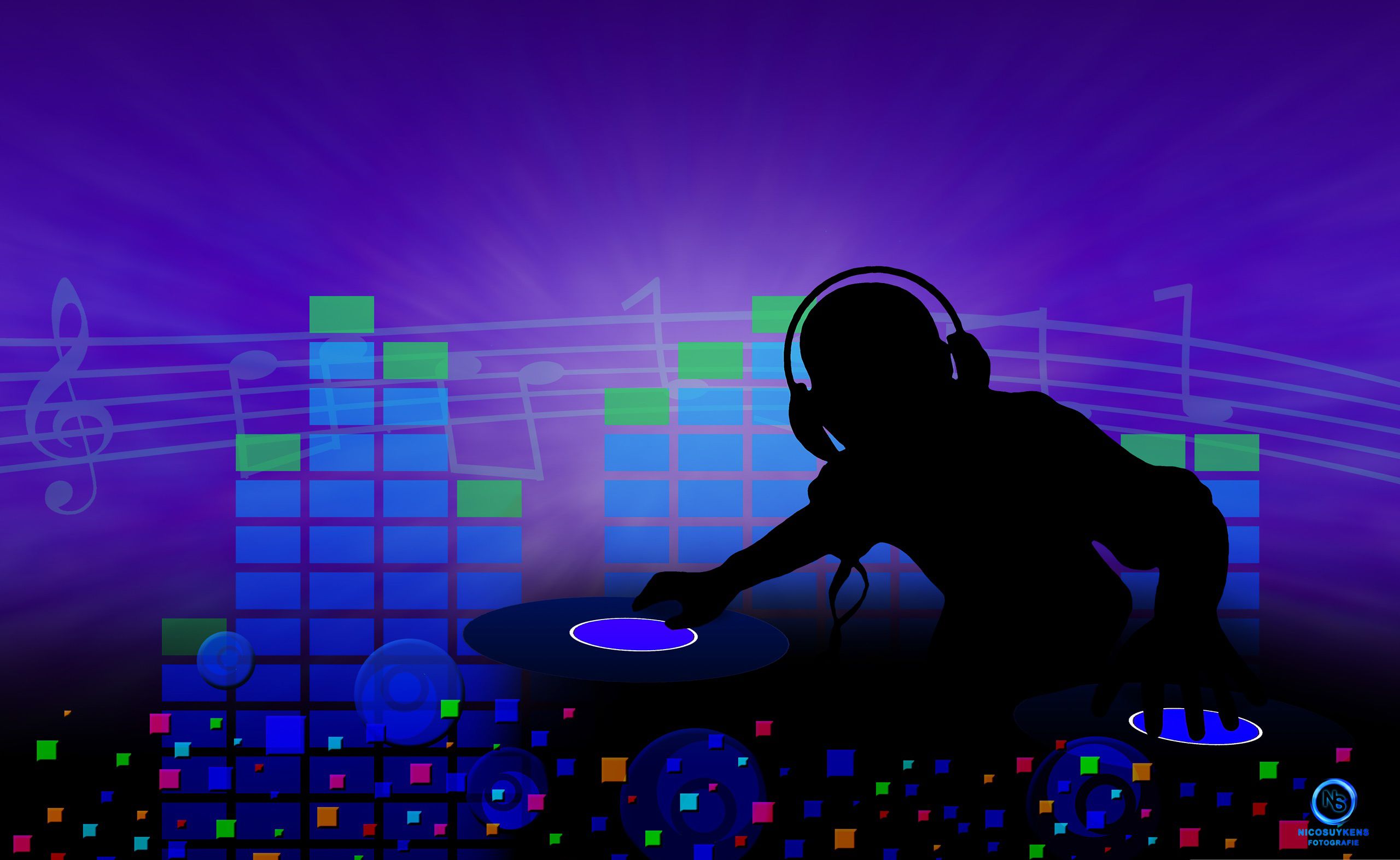 DJ-Silhouette, Equalizer, Musiknoten, Lila, Vektorgrafik, 2K, Windows-Hintergrundbild
