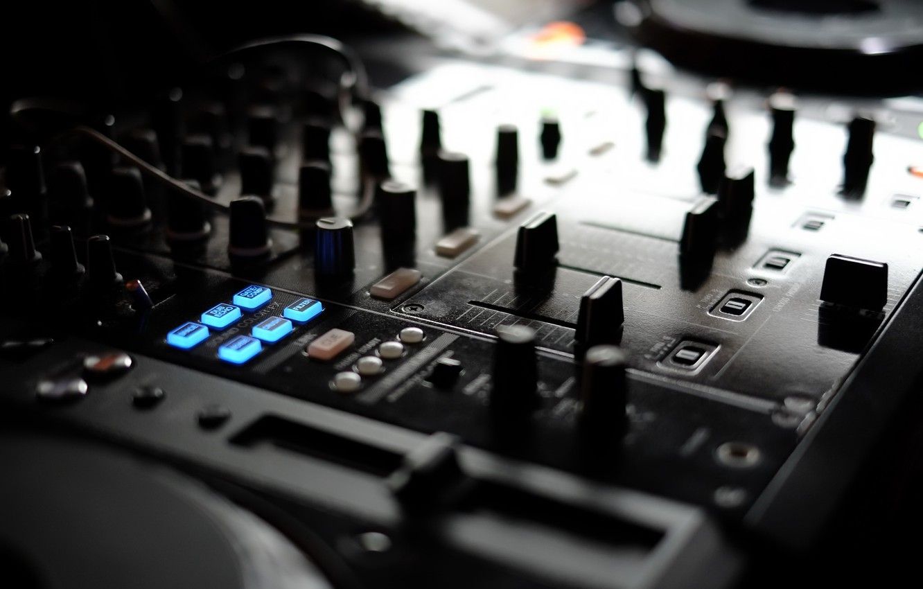 DJ-Mixer, Fader, Regler, Nahaufnahme, Blaue Tasten, HD, Hintergrund für den Desktop