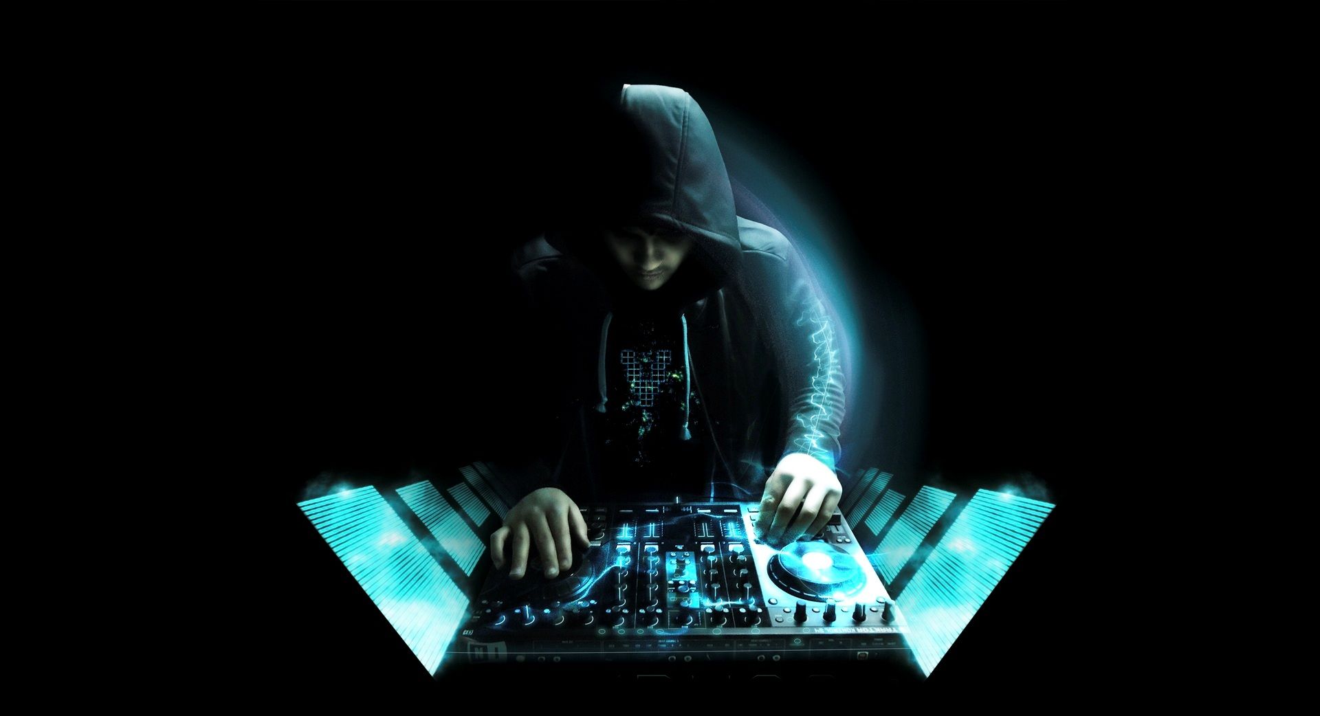 DJ, Kapuze, Neonlicht, Schwarzer Hintergrund, Mystisch, Full HD Wallpaper