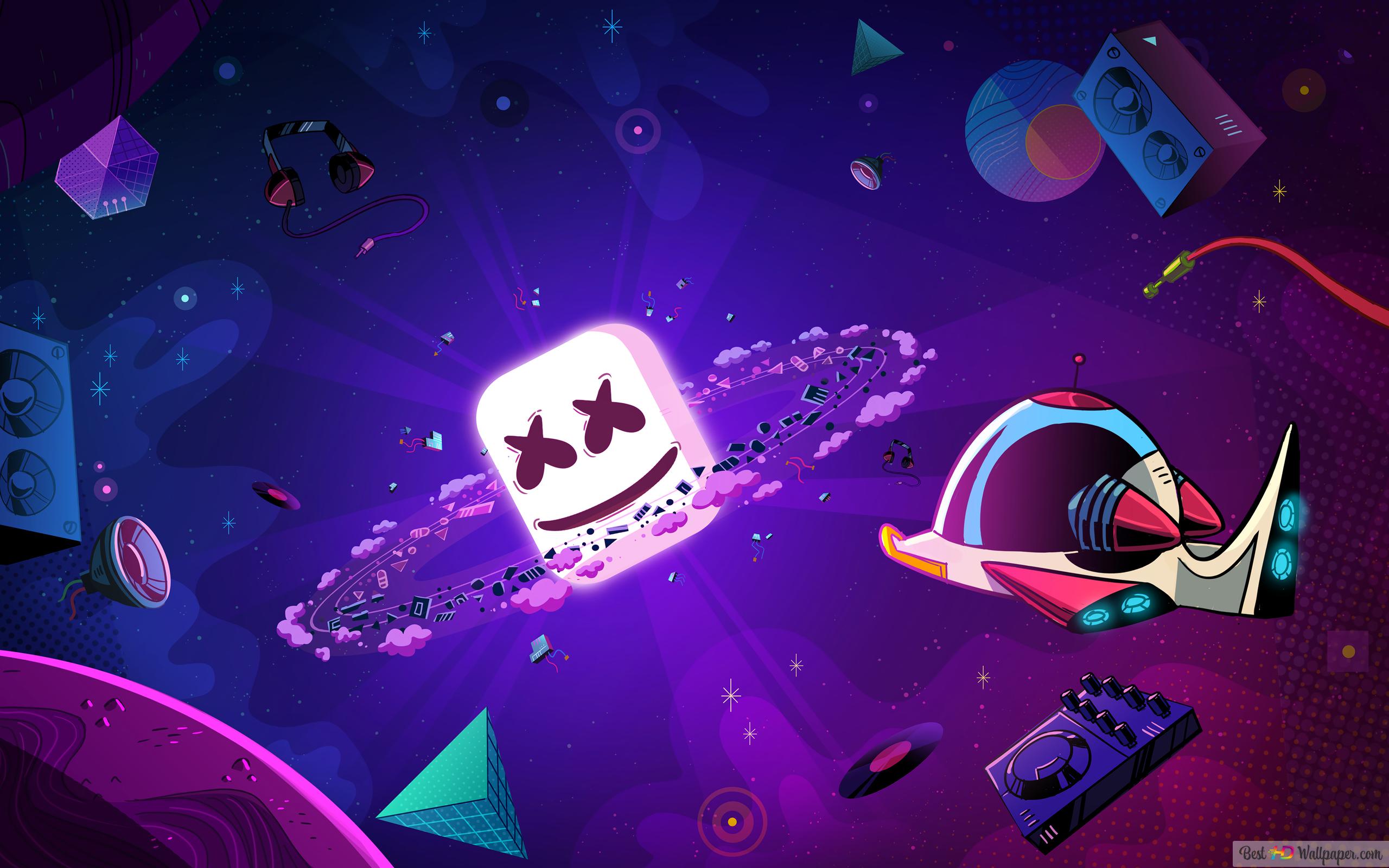 Marshmello, Weltraum, Planeten, Kopfhörer, Lila, Digitale Kunst, 2K, PC-Hintergrundbild
