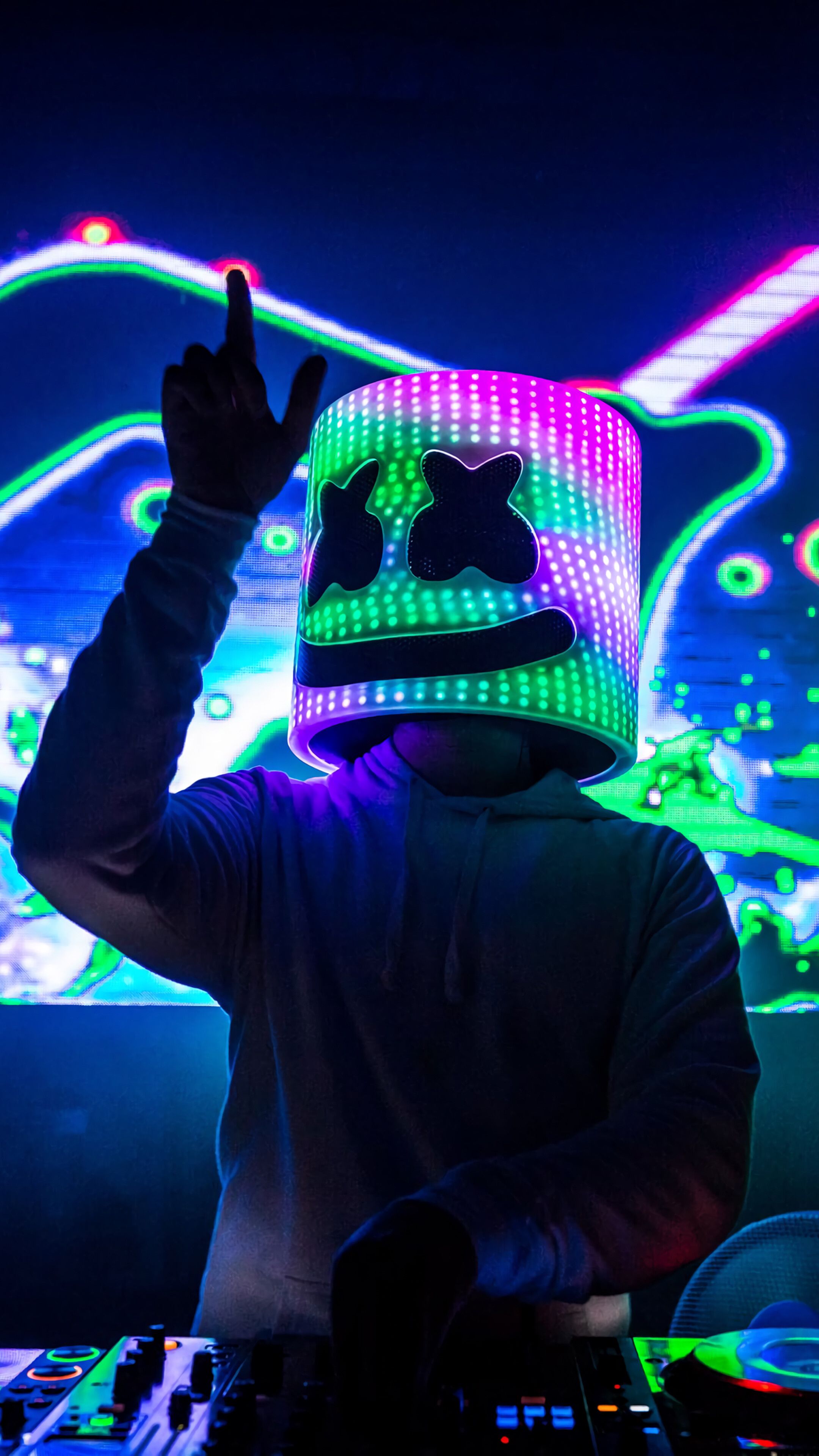 Marshmello, Neon, Bühne, Konzert, Grüner Helm, QHD+, Sperrbildschirm fürs iPhone