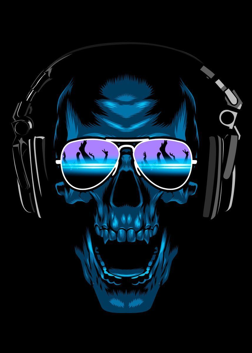 Totenkopf, Kopfhörer, Sonnenbrille, Blau, Schwarzer Hintergrund, HD Wallpaper