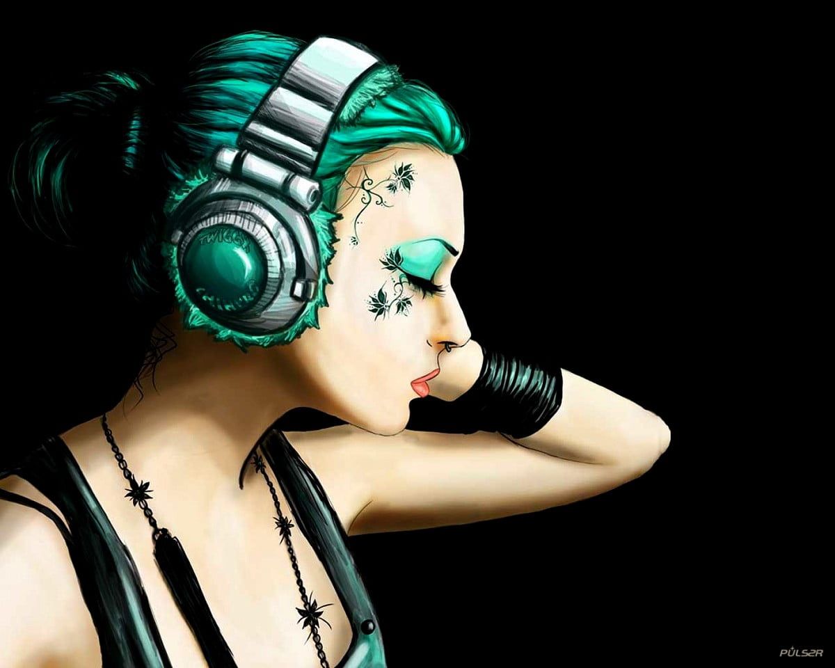 Frau, Kopfhörer, Grüne Haare, Make-up, Schwarzer Hintergrund, Wallpaper