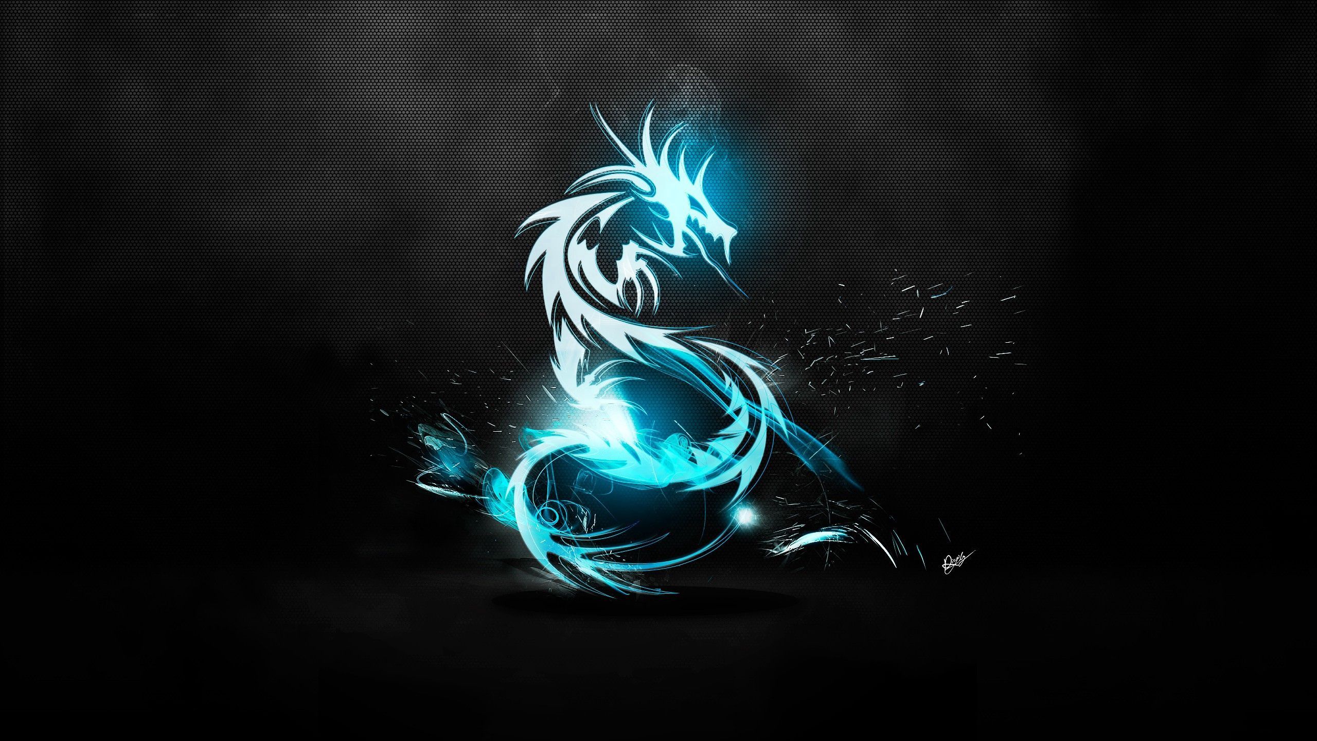 Leuchtender Drache, Eisblau, Schwarzer Hintergrund, Digitale Kunst, Fantasy, 1440p Wallpaper