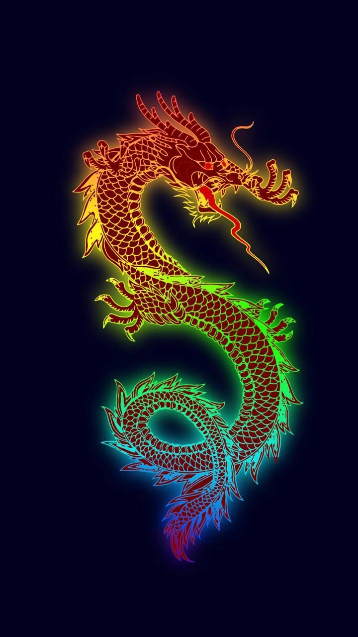 Chinesischer Drache, Regenbogenfarben, Dunkelblauer Hintergrund, Minimalistisch, Hochformat, Sperrbildschirm